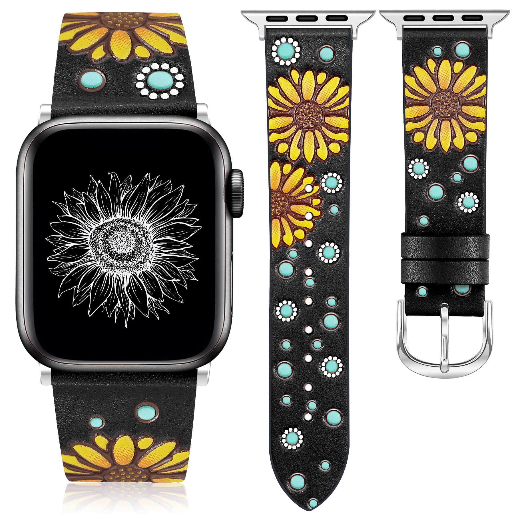 JR.DM Geniuen Leather Band Compatible with Apple Watch Band 41/40/38/42mm Women, Boho Western Embossed Floral Designer Leather Strap for iWatch Series