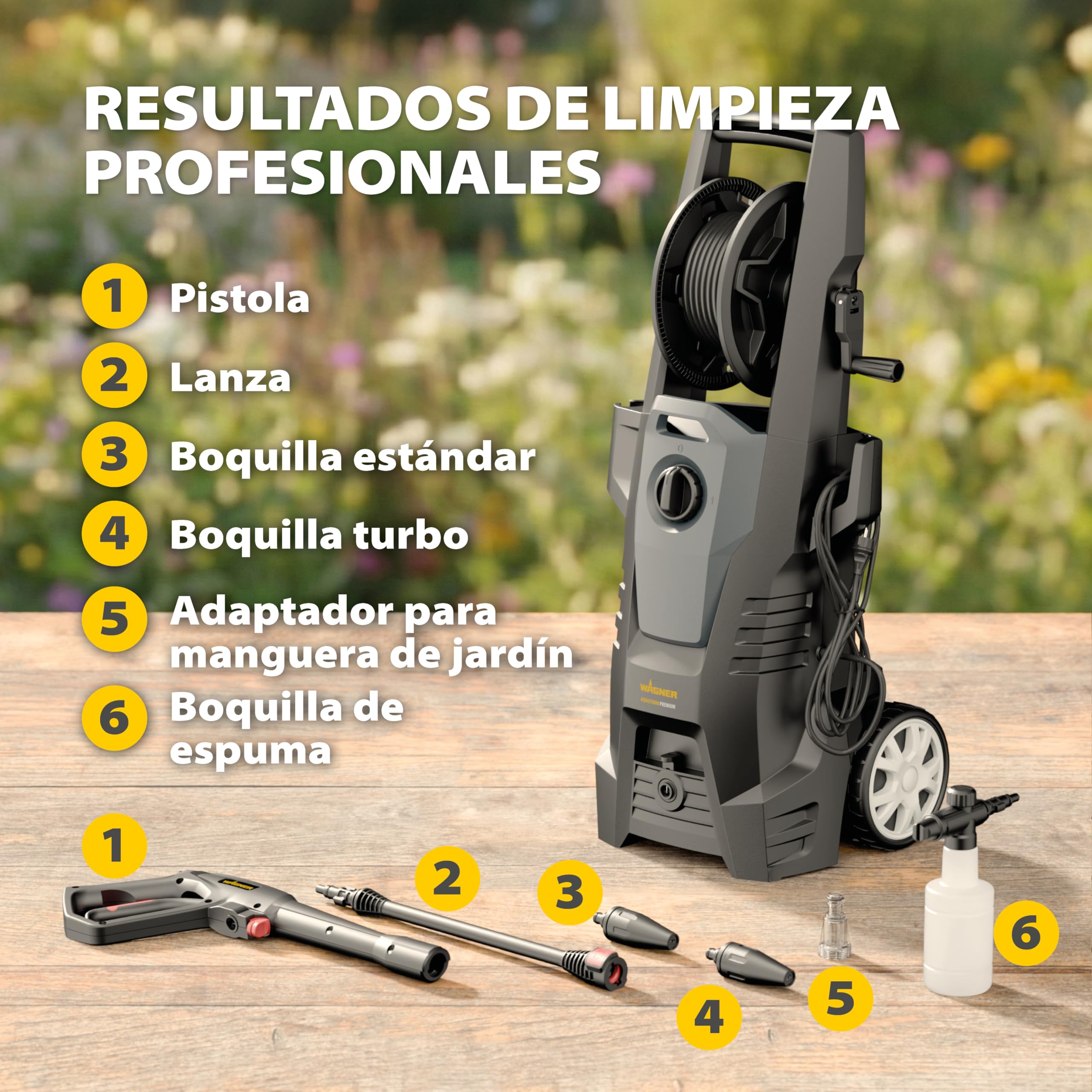WAGNER AQUASTORM Premium - Hidrolimpiadora de Alto Rendimiento para Resultados Profesionales y tareas exigentes, Incluye Boquilla estándar, Turbo y espumante
