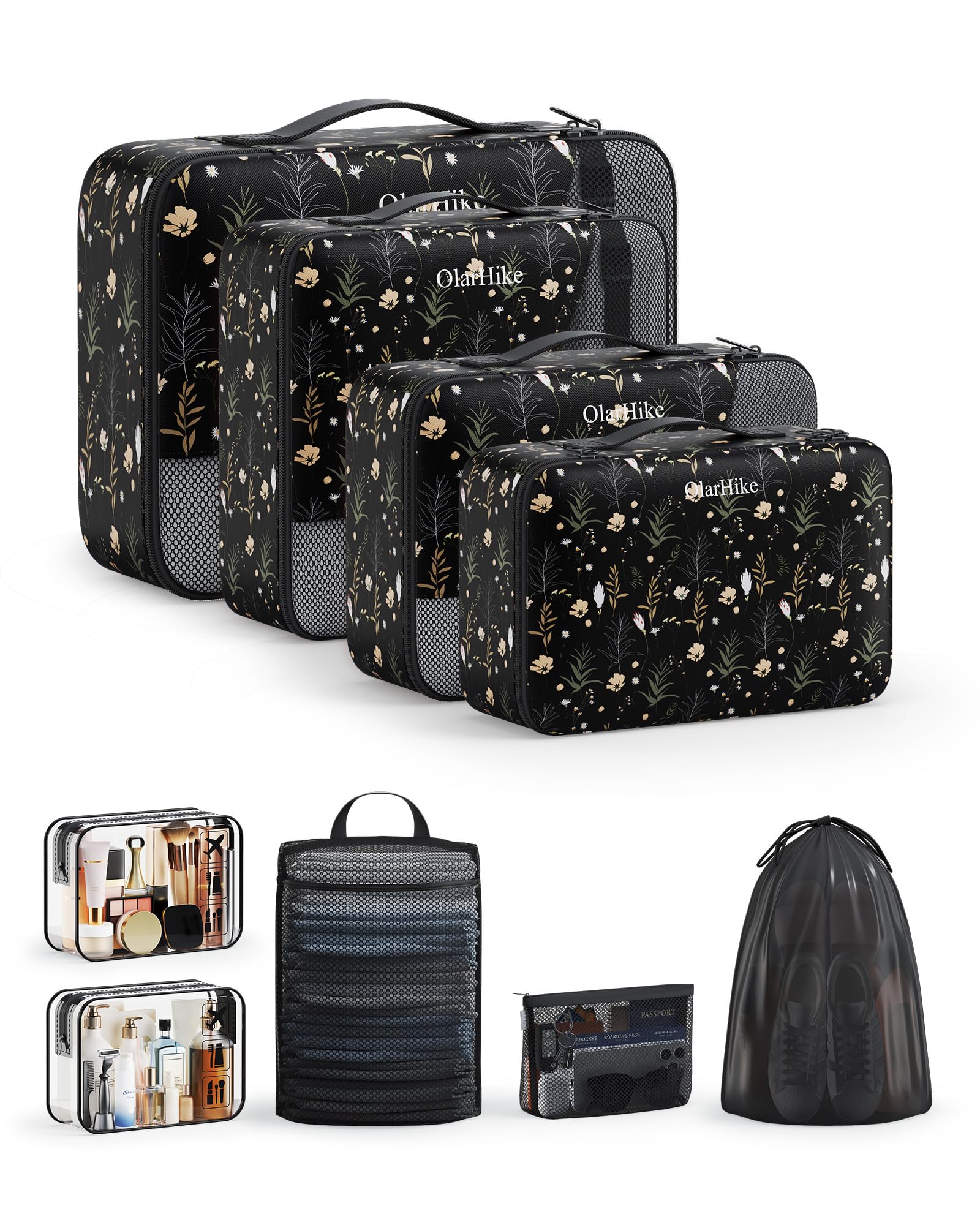 OlarHike Packing Cubes for Travel,Gifts for Women Mom,Anti-Tearing Suitcase Organizer for Luggage with Shoe &amp; Hanging Toiletry Bag,Vacation Essentials &amp; Accessories for Cruise Ship,9 Set,Black Flower