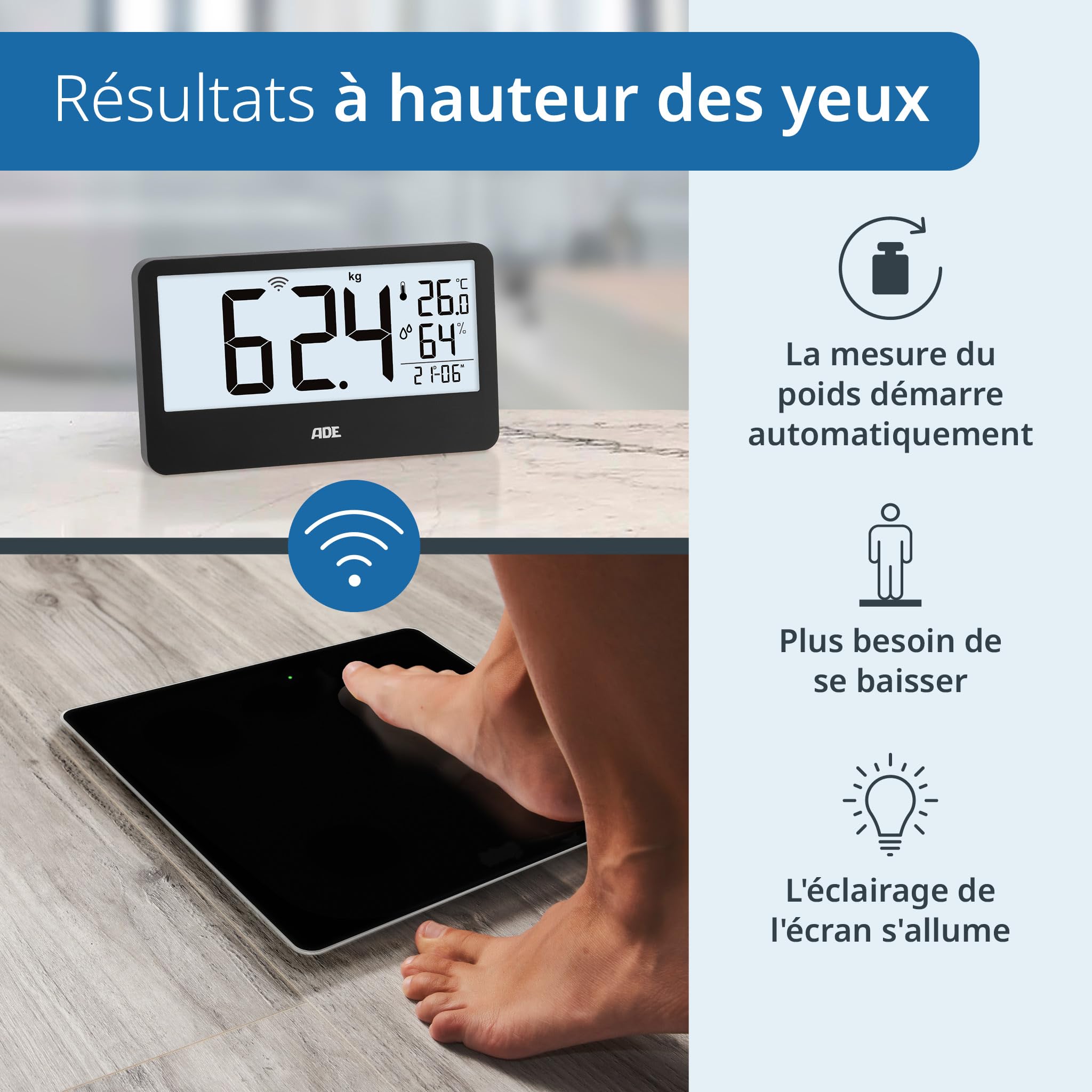 ADE Balance pèse-personne numérique avec écran externe | pour personnes jusqu'à 180kg | poids lisible à hauteur des yeux | balance pour seniors | avec horloge, hygromètre, thermomètre intérieur | Noir