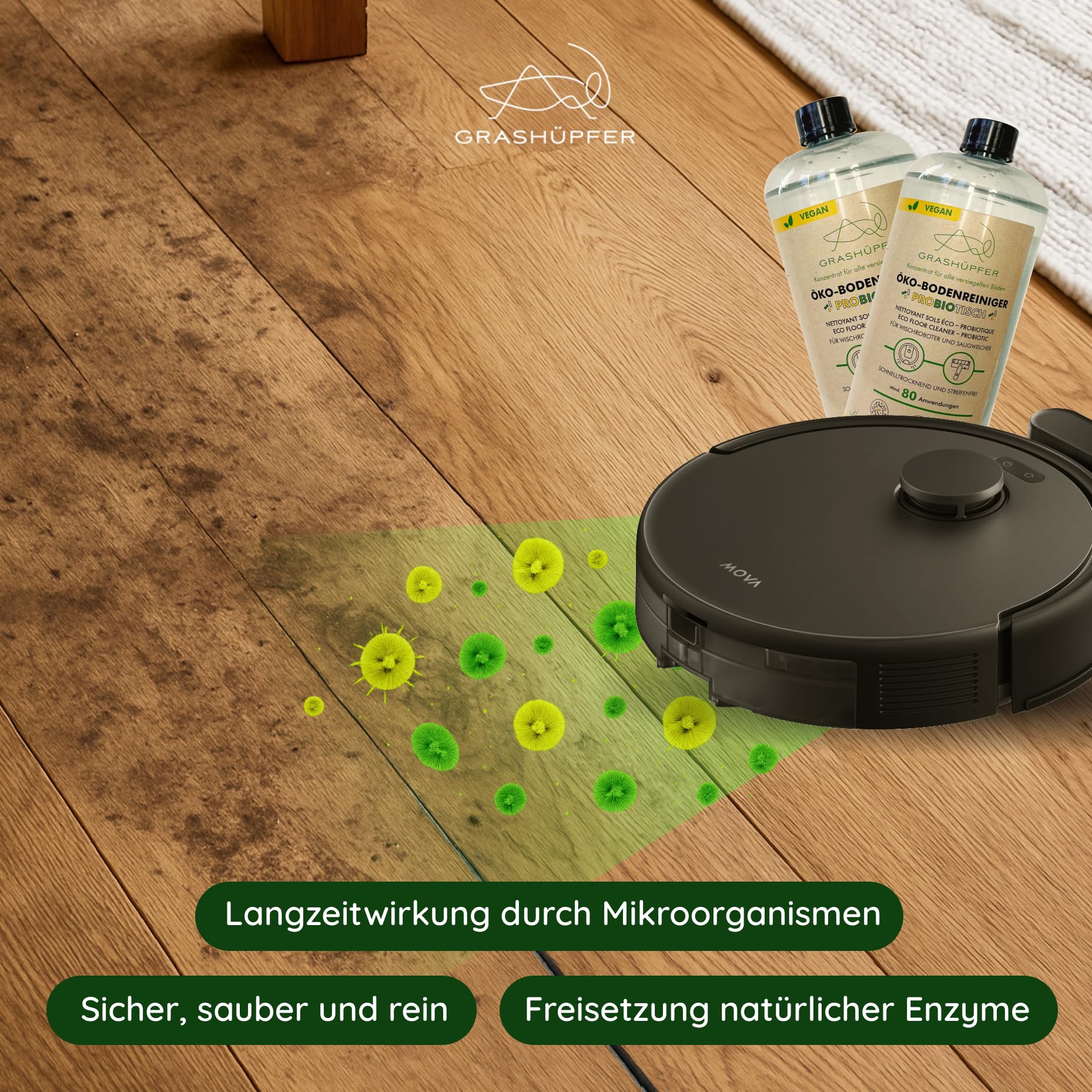 2er Set GRASHÜPFER® Probiotischer Öko Wischroboter Reiniger [FÜR TIERHAUSHALTE] – reinigt und entfernt Tiergerüche biologisch, für Wischroboter und Saugwischer [ZITRUSBLÜTE] - 2000 ml