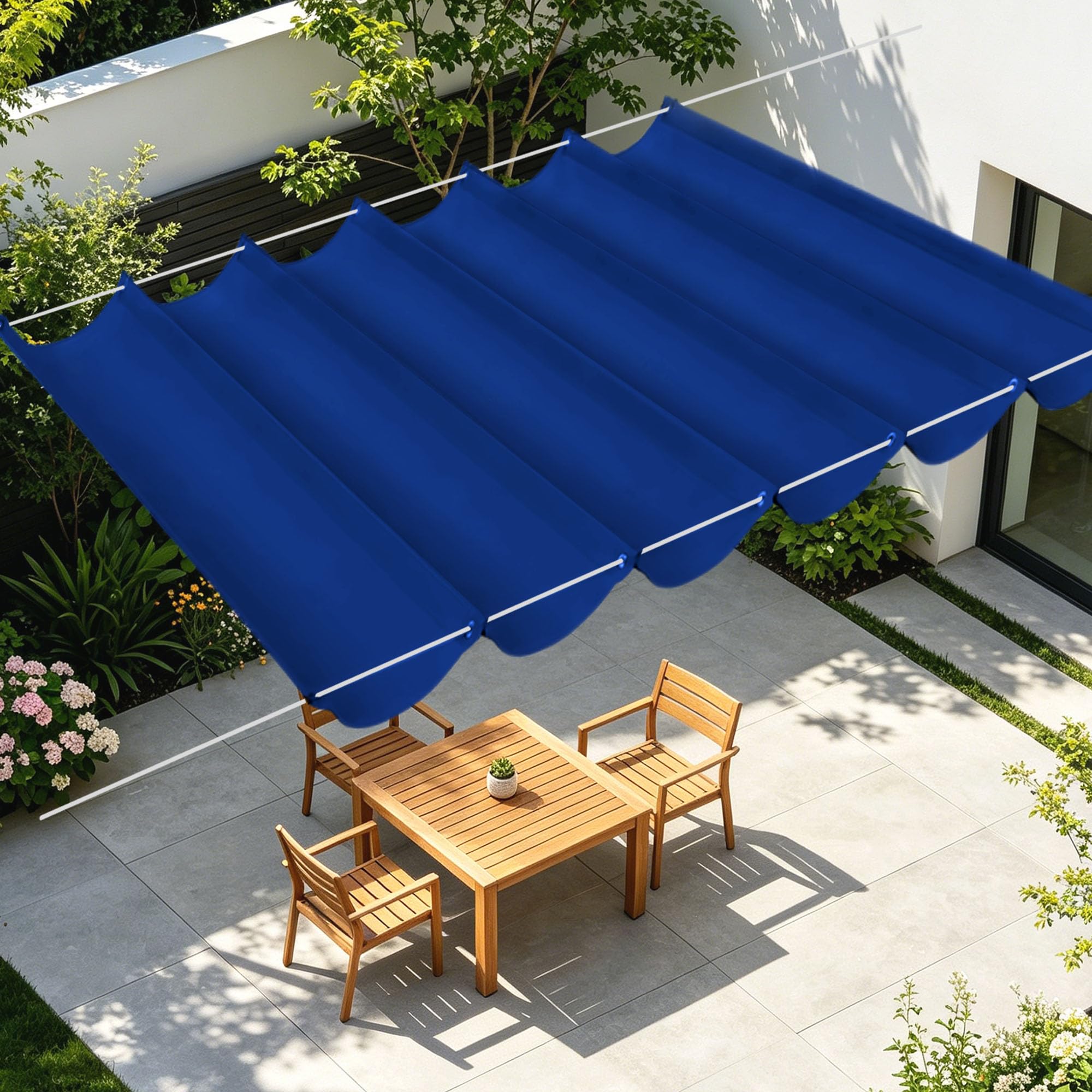 Toile rétractable vague 700x650 cm étanche pour ombrager une grande terrasse sans s'encombrer
