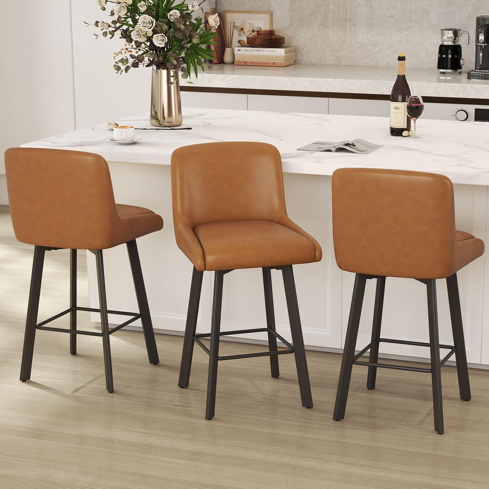 SAECKBERG Swivel Counter Height Bar Stools Set of 3, 26''H Upholstered Barstools with Backs, Modern Bar Stool Chairs for Kitchen Island, Metal Legs,