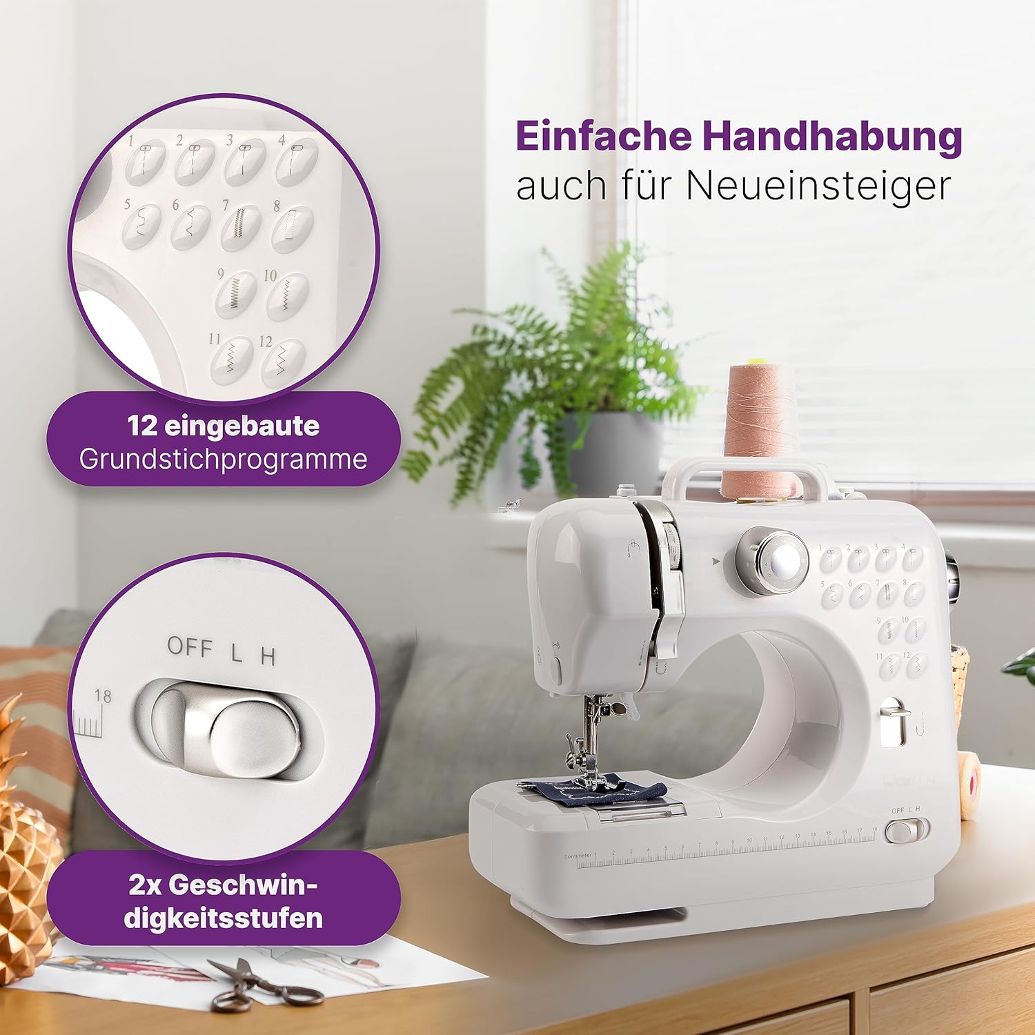 Clatronic NM 3795 sewing machine showing the stitch pattern selector dial with 12 stitch options and the two-speed switch (OFF, L, H).