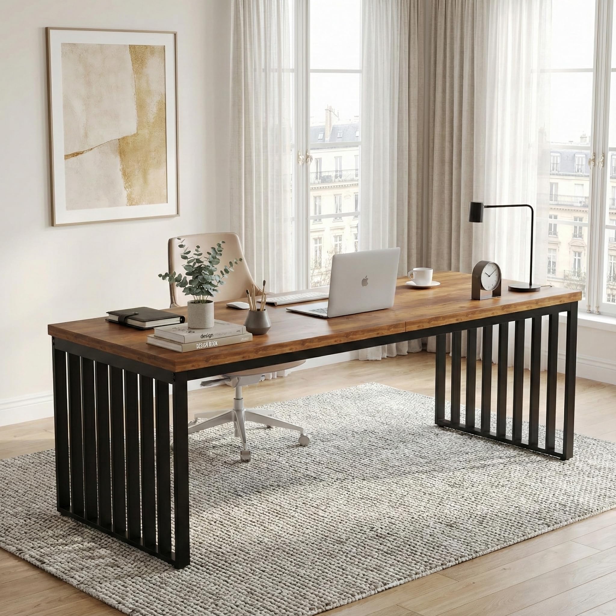 Lailang 180cm Bureau Informatique, Postes de Travail Informatiques, Table Pc Gamer, Bureau Industriel Bois Et Metal, 180 x 60 x 75 cm, Brun