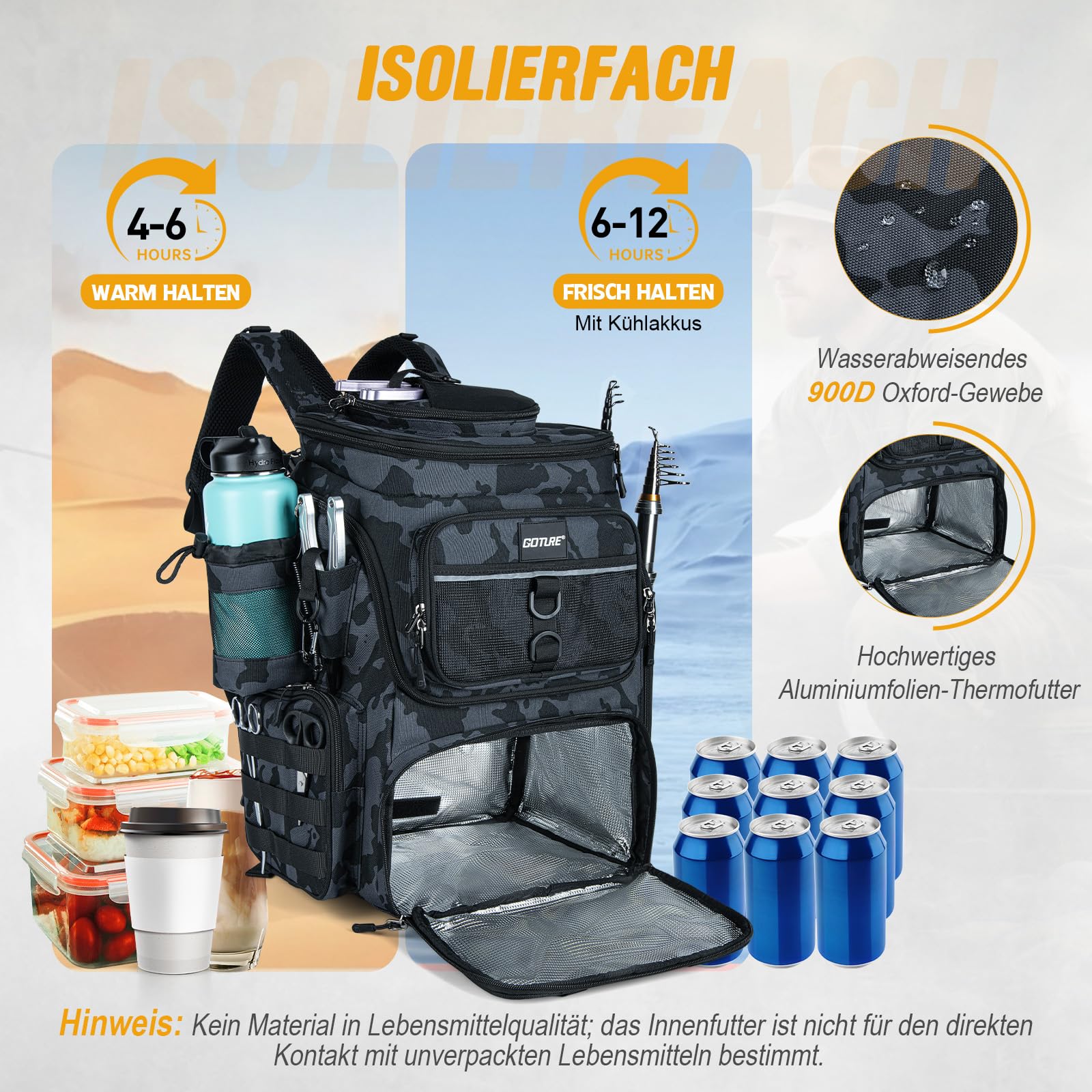 Goture Zaino da pesca con 4 scatole per esche da pesca, 55 litri, con due supporti per canna e parapioggia, in tessuto Oxford 900D, impermeabile, borsa per attrezzatura da pesca con scomparto