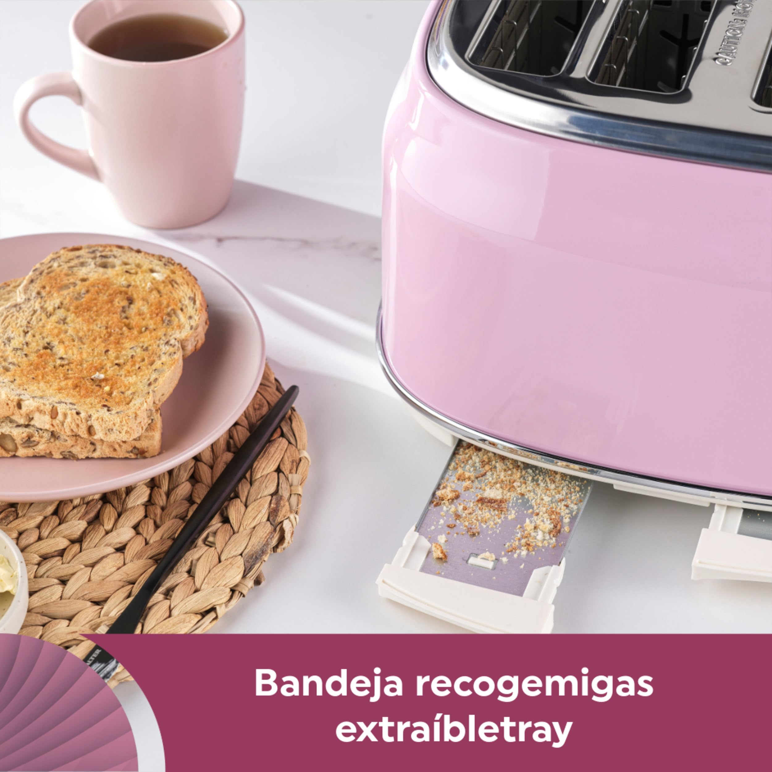 Salter Retro tostadora 4 rebanadas – ranuras anchas, 6 niveles, descongelar, recalentar y cancelar, bandeja recogemigas, expulsión elevada, centrado automático, 1630 W, rosa, EK5739PNKVDE