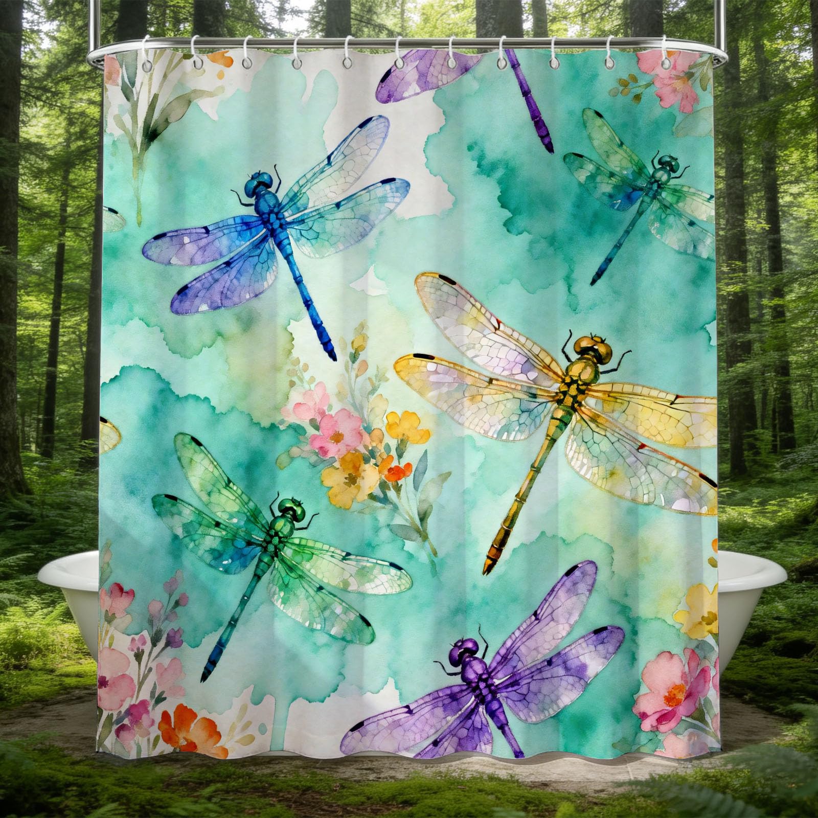 Hongduo 3D Watercolor Dragonfly Shower Curtain for Stalls Bathtubs Colorful Bathroom Decor Shower Curtain Set Polyester Fabric Waterproof 200x200cm/79X79 Inch with Hooks