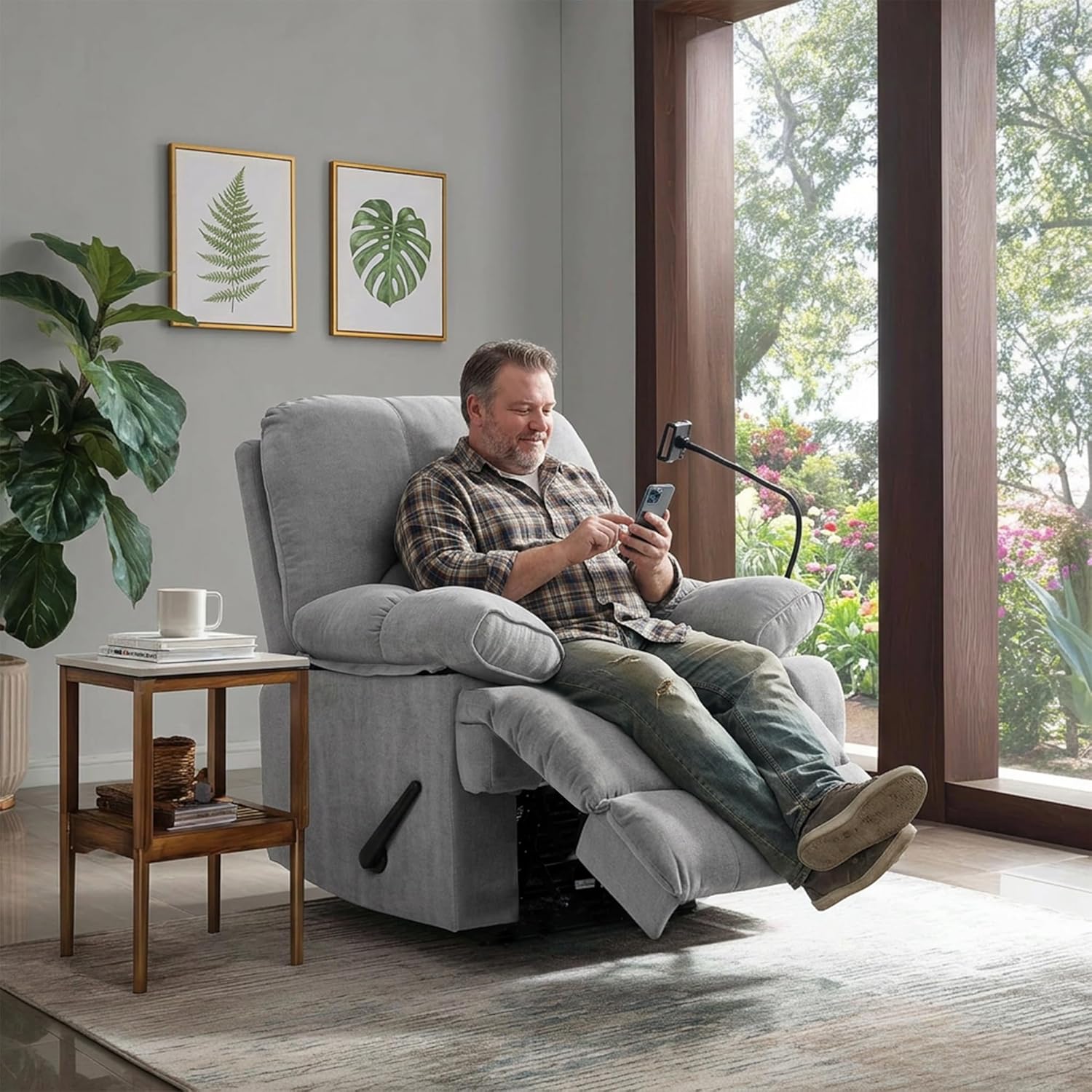 Oversized Recliner Chairs with Phone Holder Large Recliner Soft Fabric Overstuffed Big Man Recliner for Heavy Duty 400lbs Adults for Living Room, Bedroom, Nursery, RV Grey