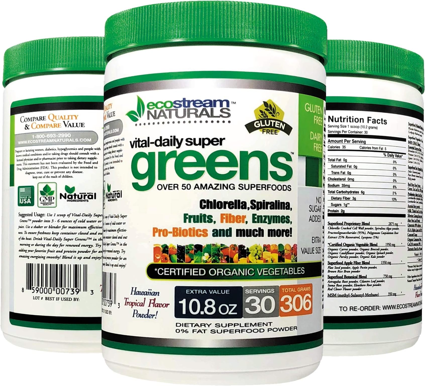 Vital First Daily Greens Over 50 Amazing Superfoods in Every Scoop - Large Size 10.8oz - with Organic Vegetables, Enzymes - Tropical Flavor