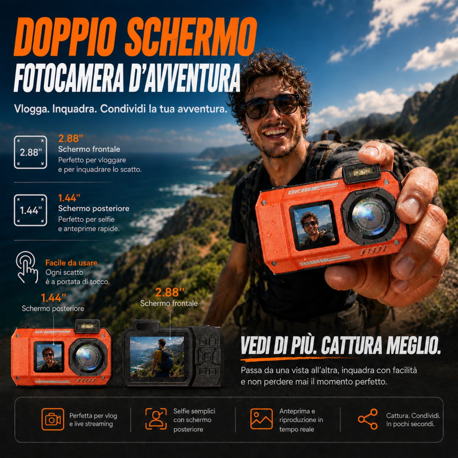 MaxMango D50 33FT Macchina Fotografica Subacquea Impermeabile, 8K 70MP Fotocamera Digitale con 16 GB di Scheda, Doppio Schermo 2.8'' per Selfie, 18x Zoom, Resistente a Polvere e Urti per Snorkeling