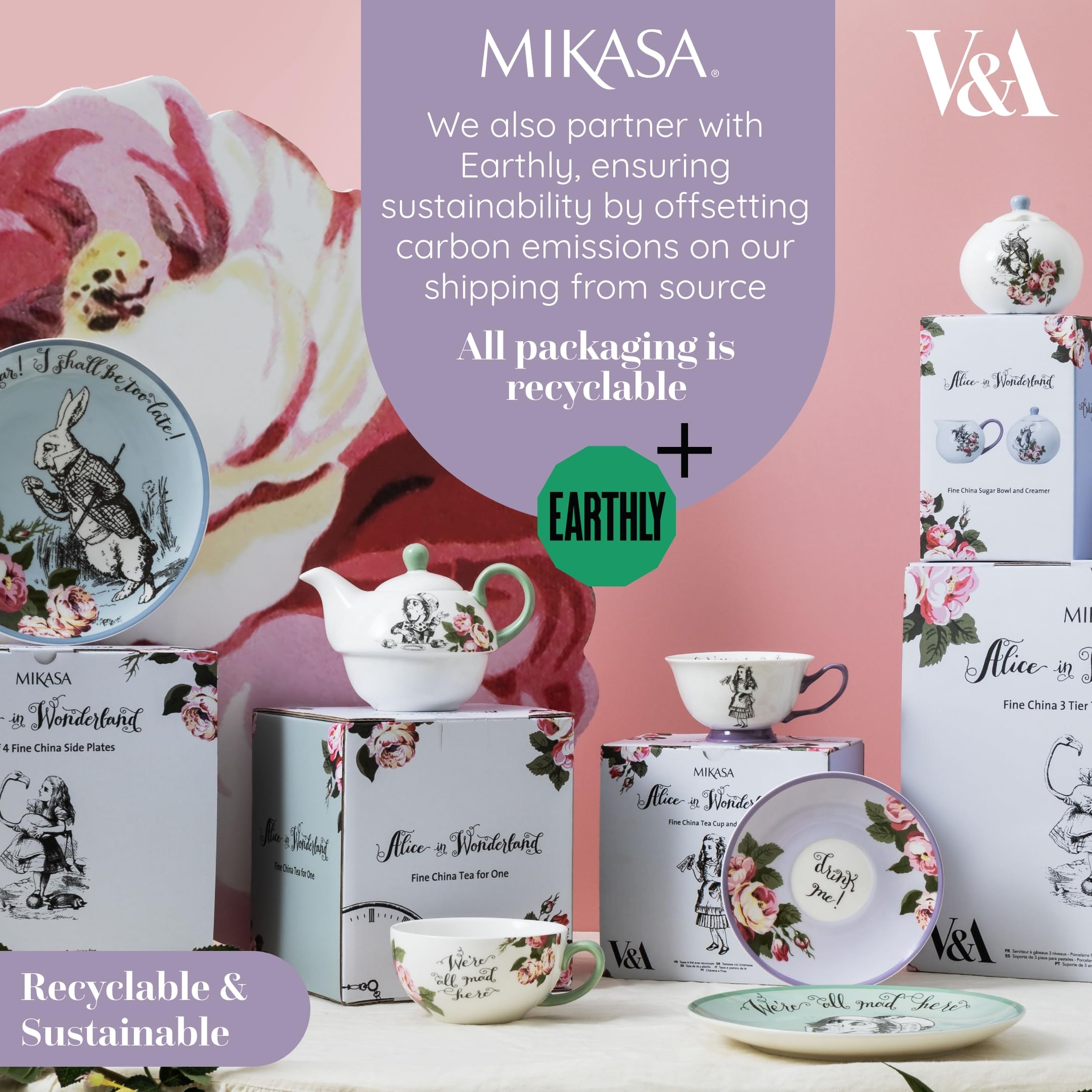 MIKASA and The V&A - Juego de 4 platos para tartas para té de la tarde, 21 cm, porcelana china, té de Alicia en el país de las maravillas, apto para lavavajillas y en caja de regalo