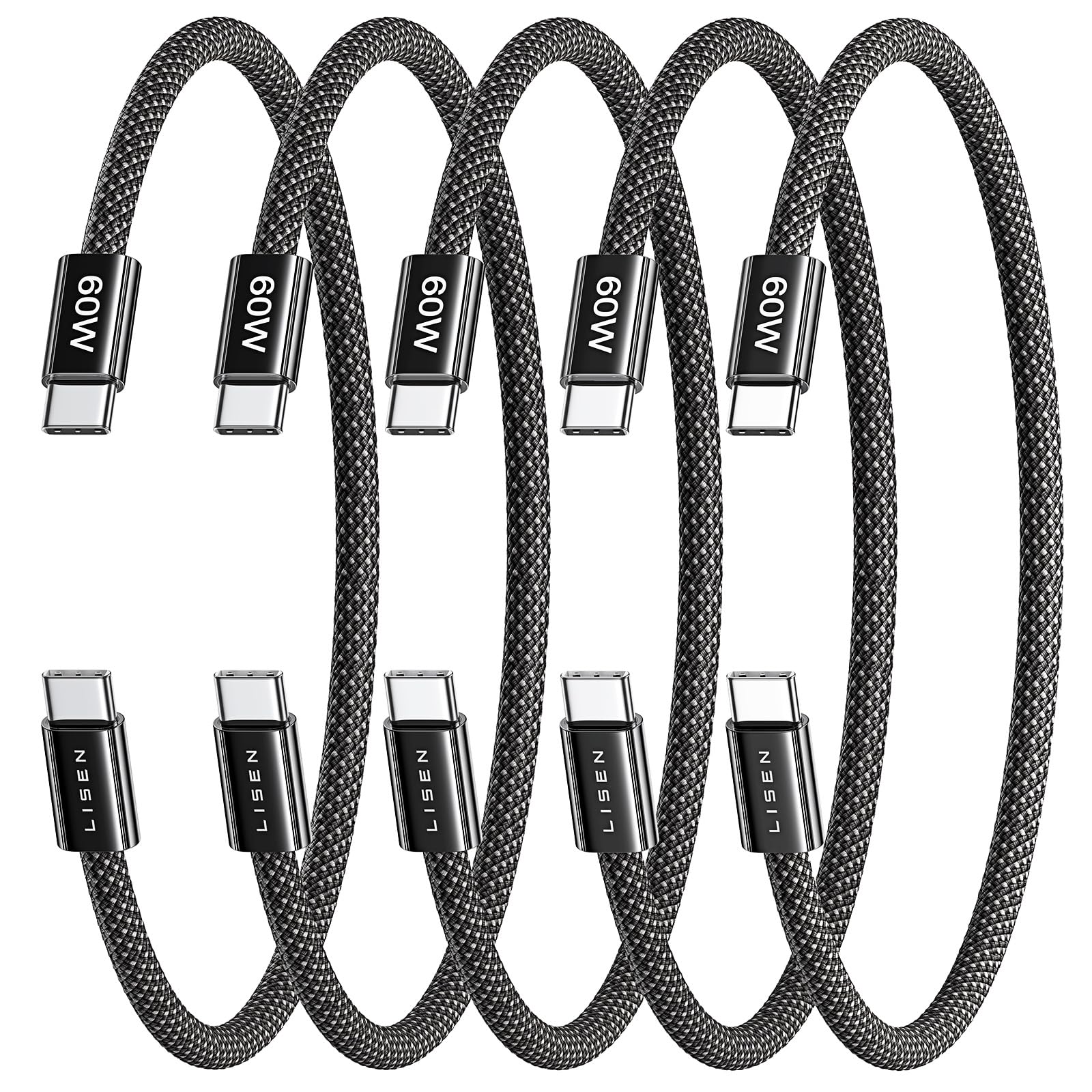 LISEN USB C Cable, 5-Pack [0.5FT] USBC to USBC Cable for iPhone 17 16e 15 Pro Max Charger Cord, 60W C to C Cable Fast Charging for Galaxy S25/S24/23, Switch 2, iPad, MacBook,Black 0.5+0.5+0.5+0.5+0.5FT Black 5