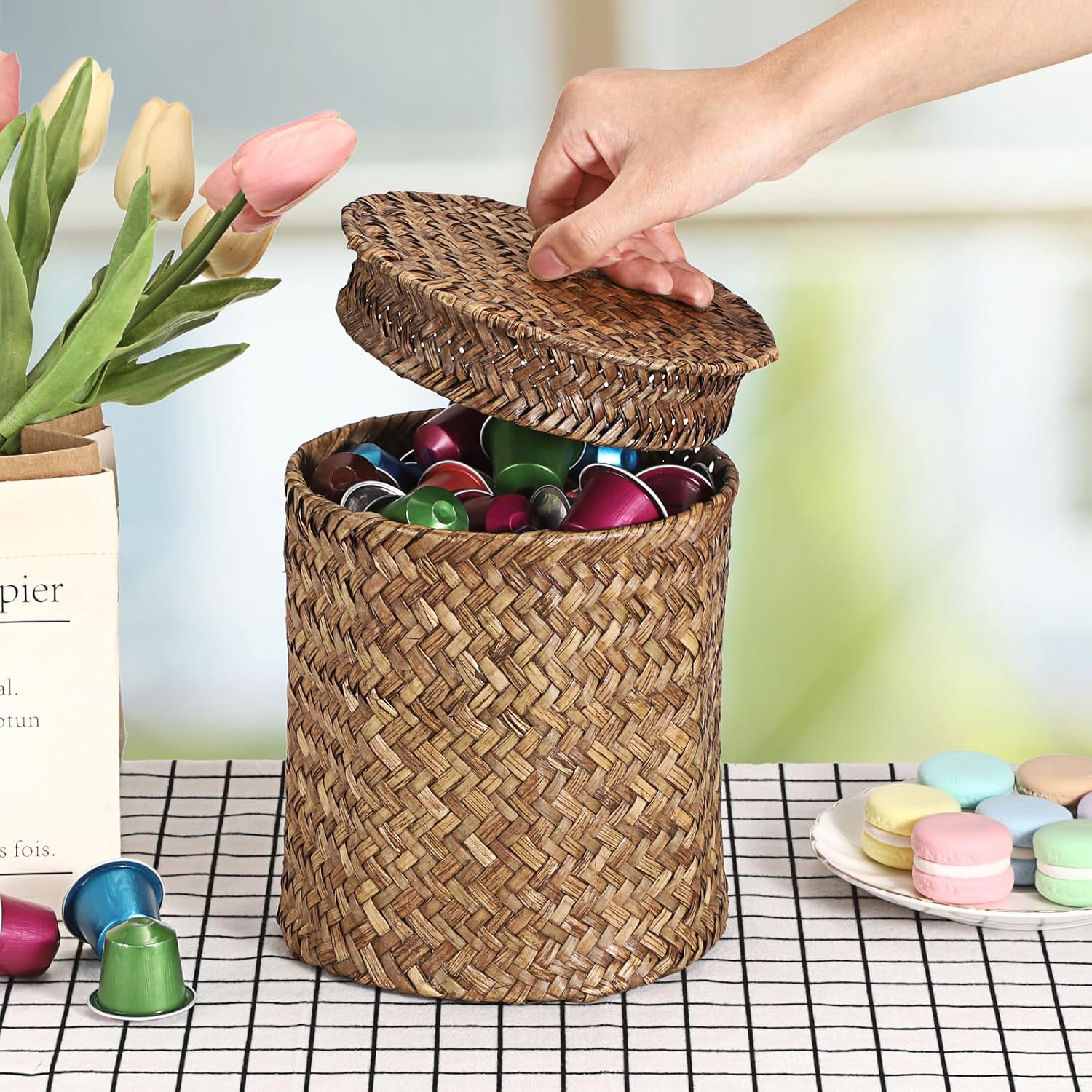 Seagrass Coffee Pod Holder with Lid, K Cup Holder Organizer for Countertop