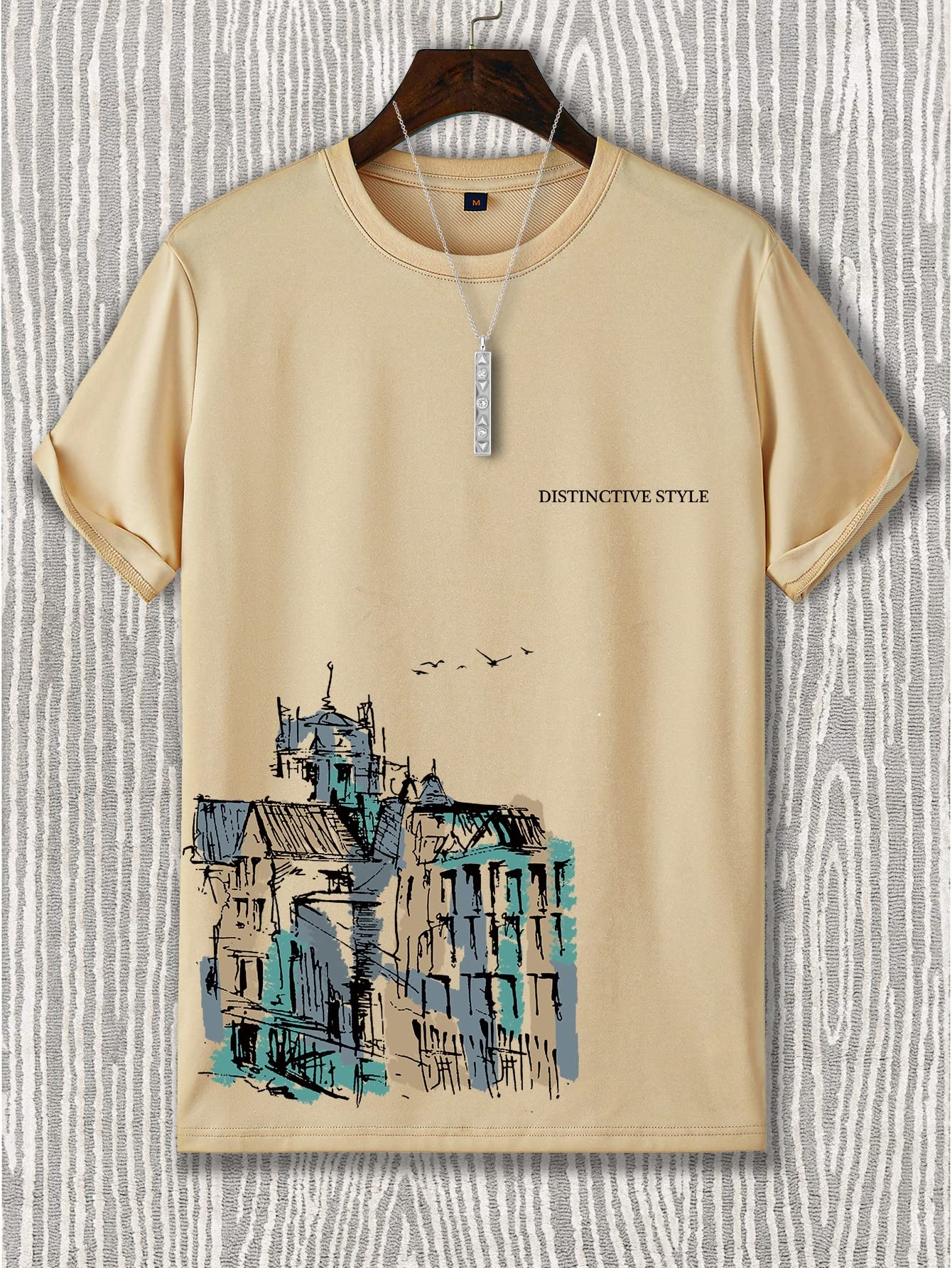 LETISR Men's T-Shirts Men Building & Letter Graphic Tee T-Shirts for Men (Color : Khaki, Size : XX-Large)