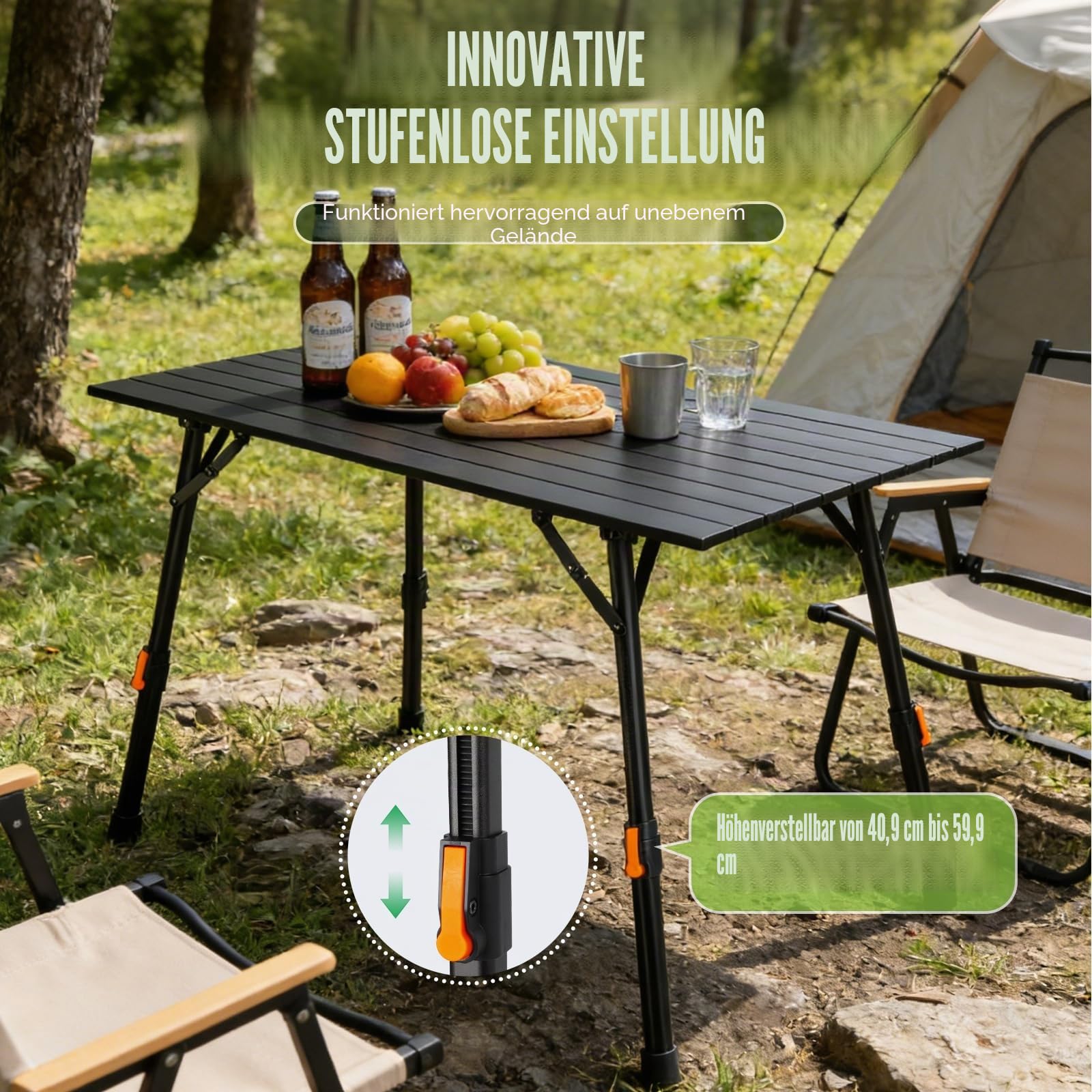 Campingtisch klappbar stufenlose Höhenverstellung Klapptisch ohne Installation Tischplatte Aluminiumrahmen Camping Tisch Gartentisch Klapptisch Balkon Tisch Zusammenklappbarer 95cm*52cm