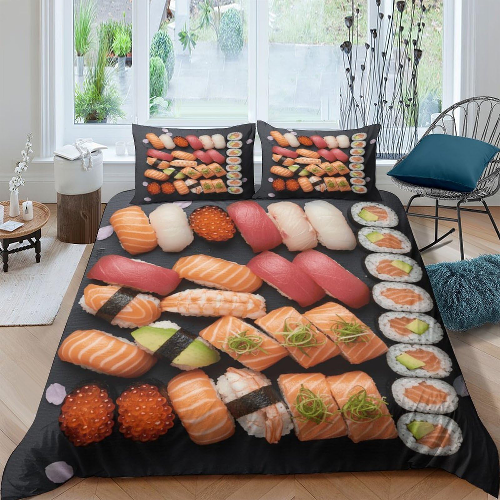 Ctjqhvkz Style-5 3D Printed Sushi Nigiri Fitted Sheet Microfiber Soft Anti-Slip Maki Roll Mattress Cover For Bedroom Dorm Bed Protection Decor Single（135X200cm）