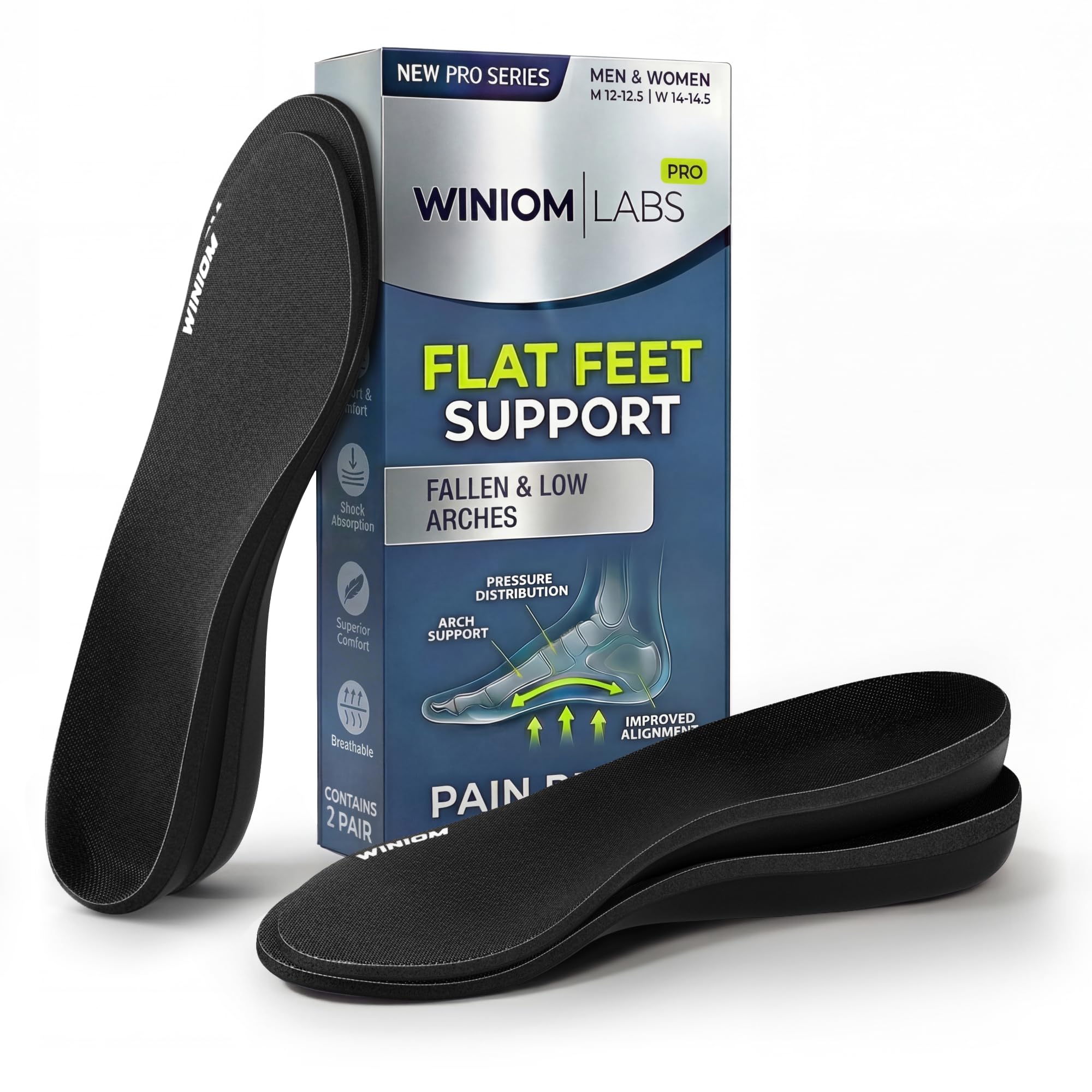 Flat Feet Insoles Men &amp; Women - Orthotic Shoe Inserts with Arch Support for Flat Feet, Overpronation Insoles with Shock Absorption for Heel and Foot Pain Relief (Black (2 Pairs), M 3-3.5 / W 5-5.5)