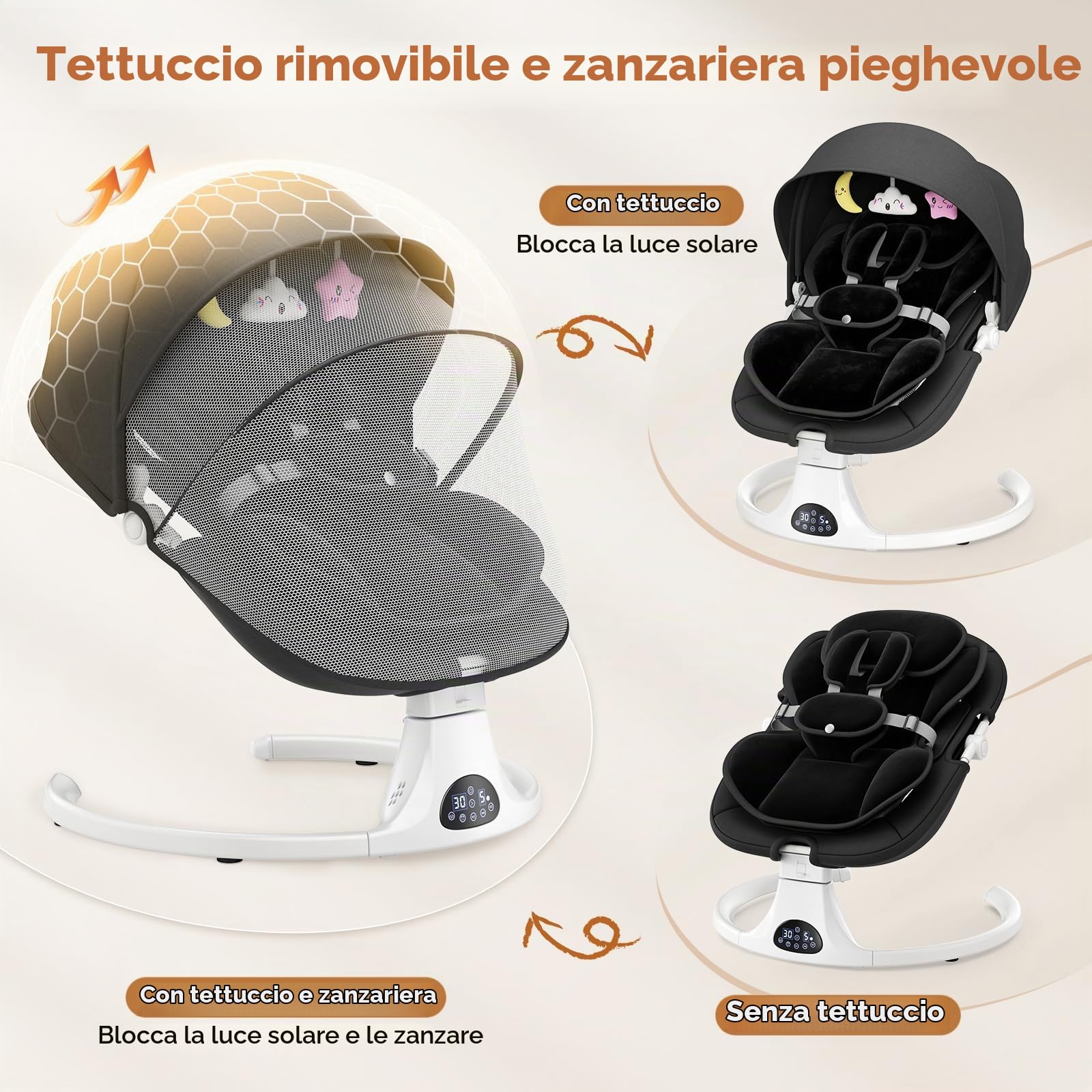 Sdraietta Neonati Elettrica, Dondolo Automatico con Schienale 3 Posizioni | 5 velocità, 12 melodie rilassanti, timer 8/15/30 min, telecomando, cuscino rimovibile, 3 alimentazioni