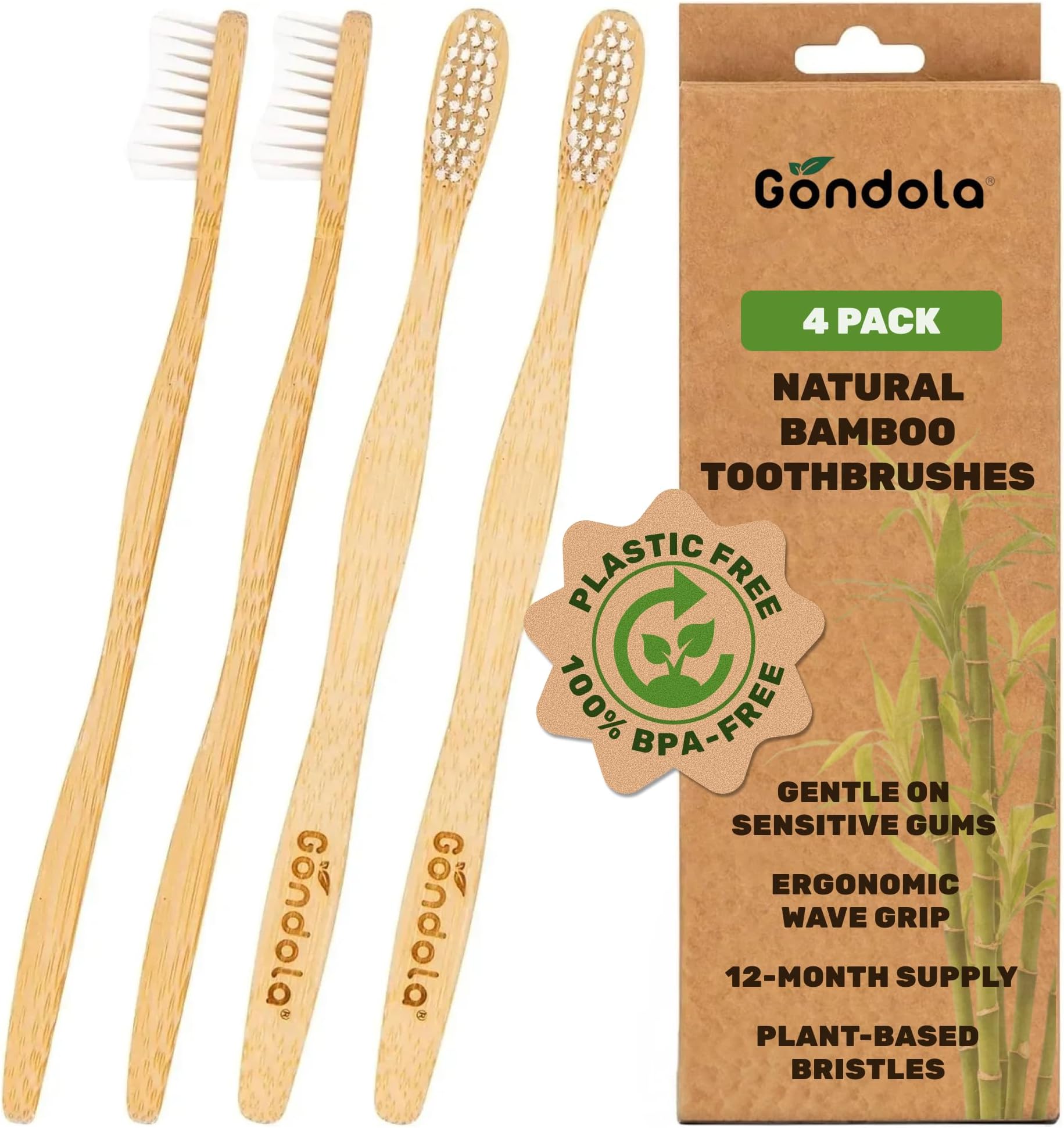 Gondola Organic Bamboo Toothbrushes Adults - 4 Pack - Soft Bristles for Sensitive Gums - Bamboo Toothbrush for Adults - Gentle Cleaning - Wellness Essentials Manual Toothbrush for Home & Travel