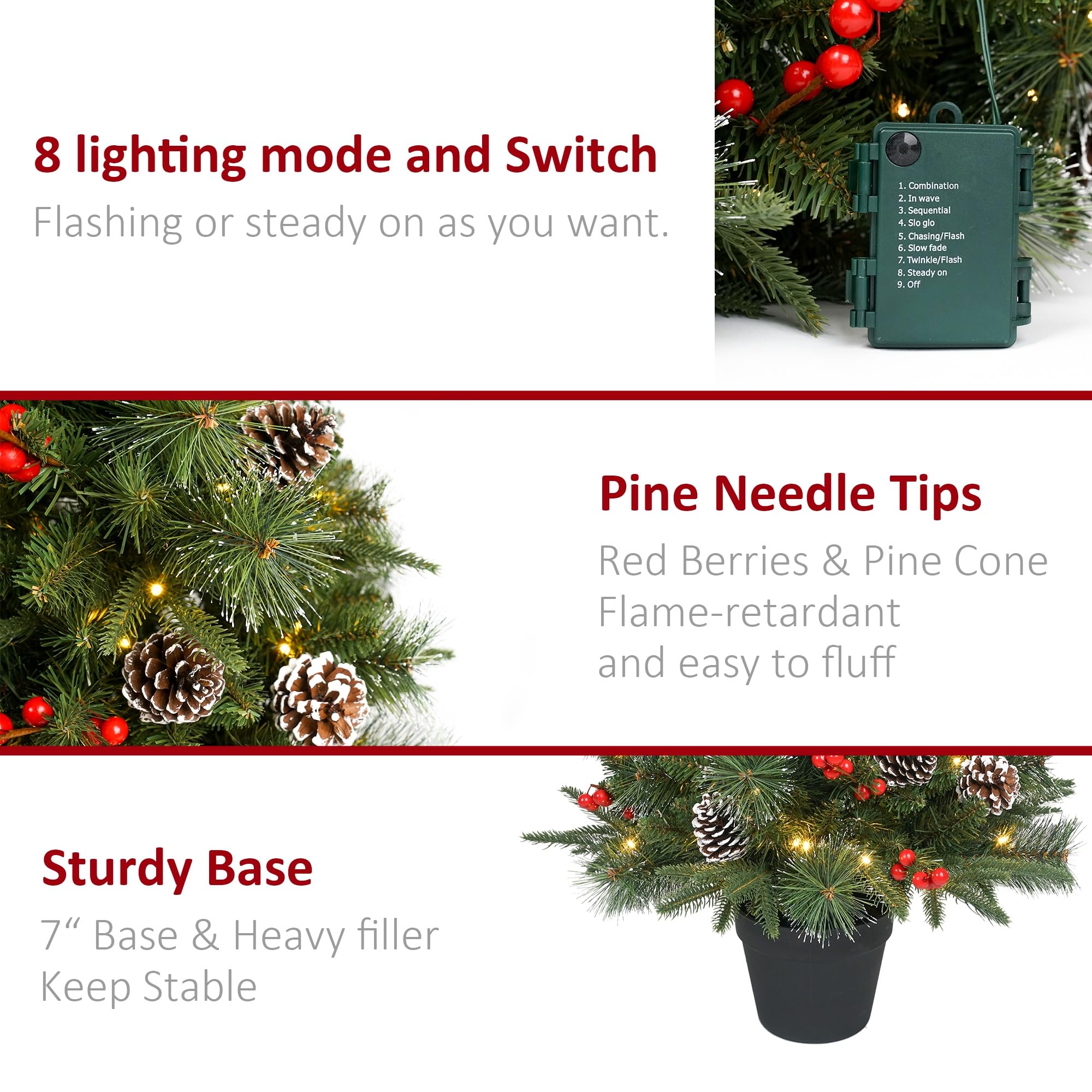 Sapin de Noël artificiel pré-éclairé de 91 cm avec 70 LED rouges chaudes, aiguilles de pin, sapin de Noël en pot de verdure pour intérieur, porche, extérieur