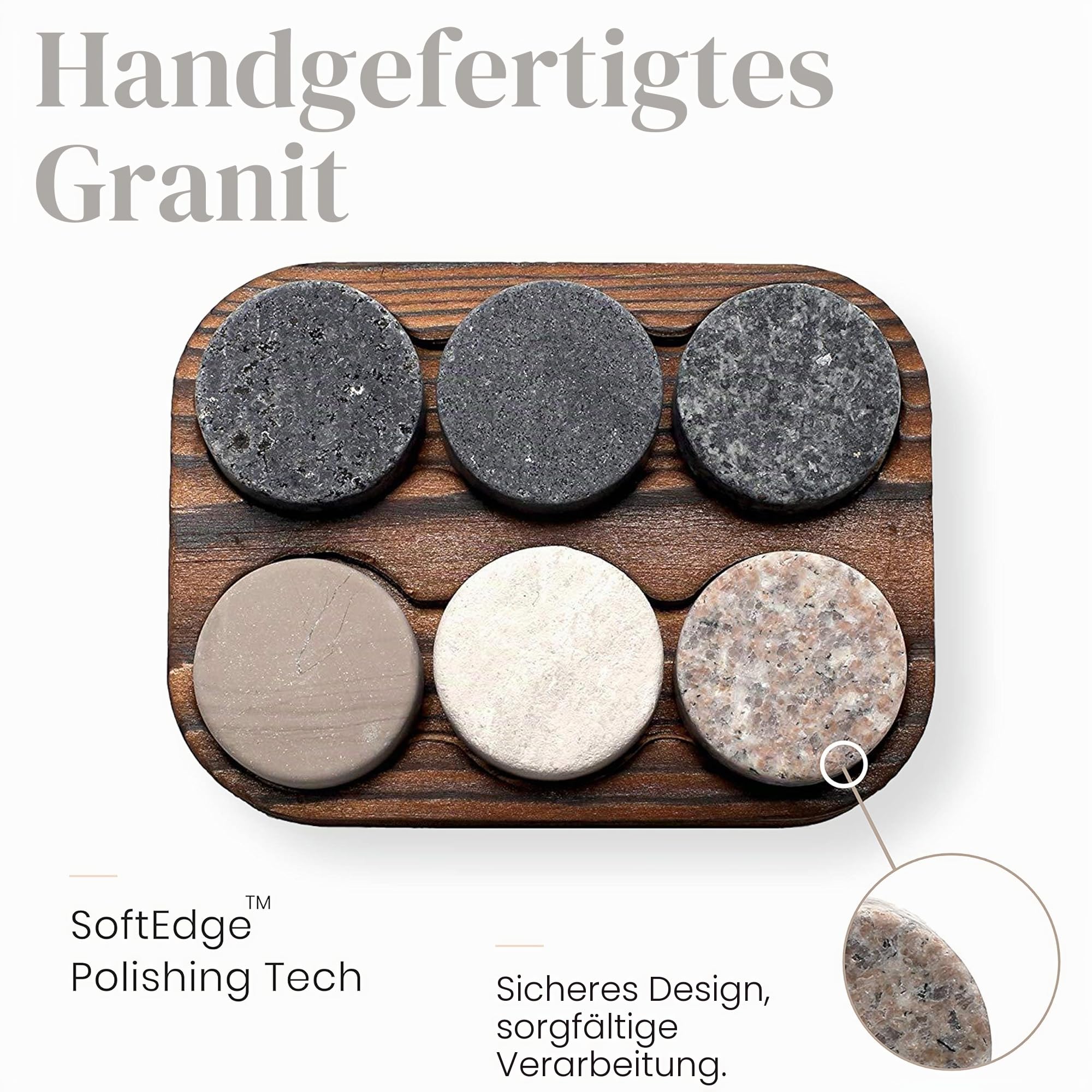 Whiskey Steine Geschenkset- 6 Handgefertigte Premium-Granitsteine - Präsentations & Aufbewahrungsschale Aus Hartholz R.O.C.K.S.