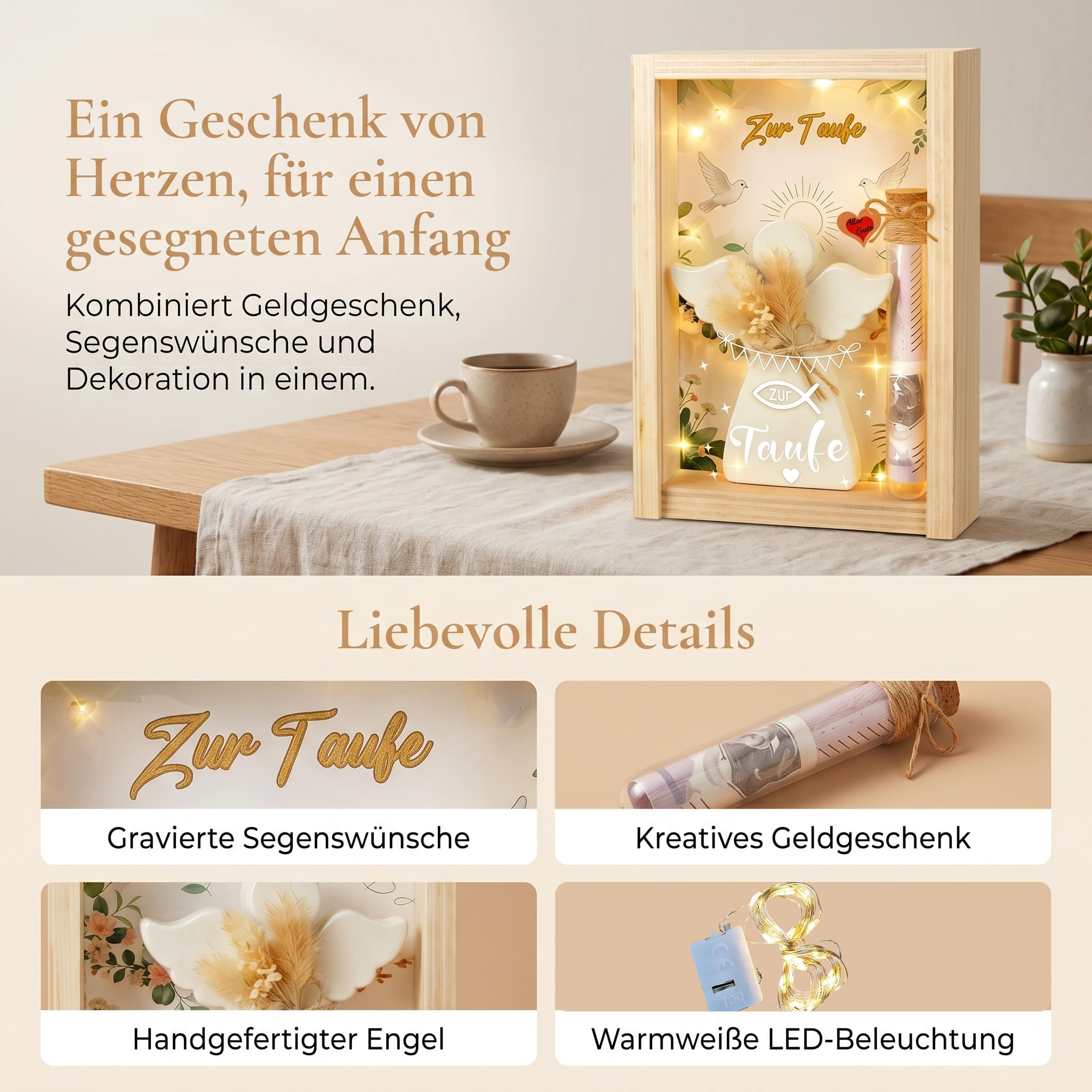Taufgeschenke für Mädchen Jungen, Taufe Geschenk mit LED, Getrocknete Blumen,Holzbox, Taufkarte, Engel und Fische, Kreative Geschenke zur Taufe