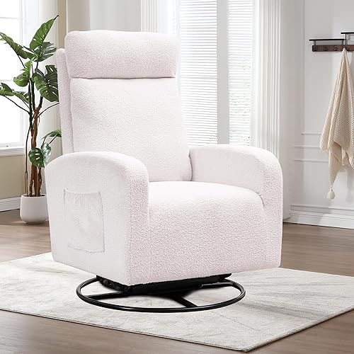 HCHAIRH Silla mecedora giratoria para guardería, sillón mecedor giratorio de peluche con bolsillo lateral, para sala de estar, dormitorio, color