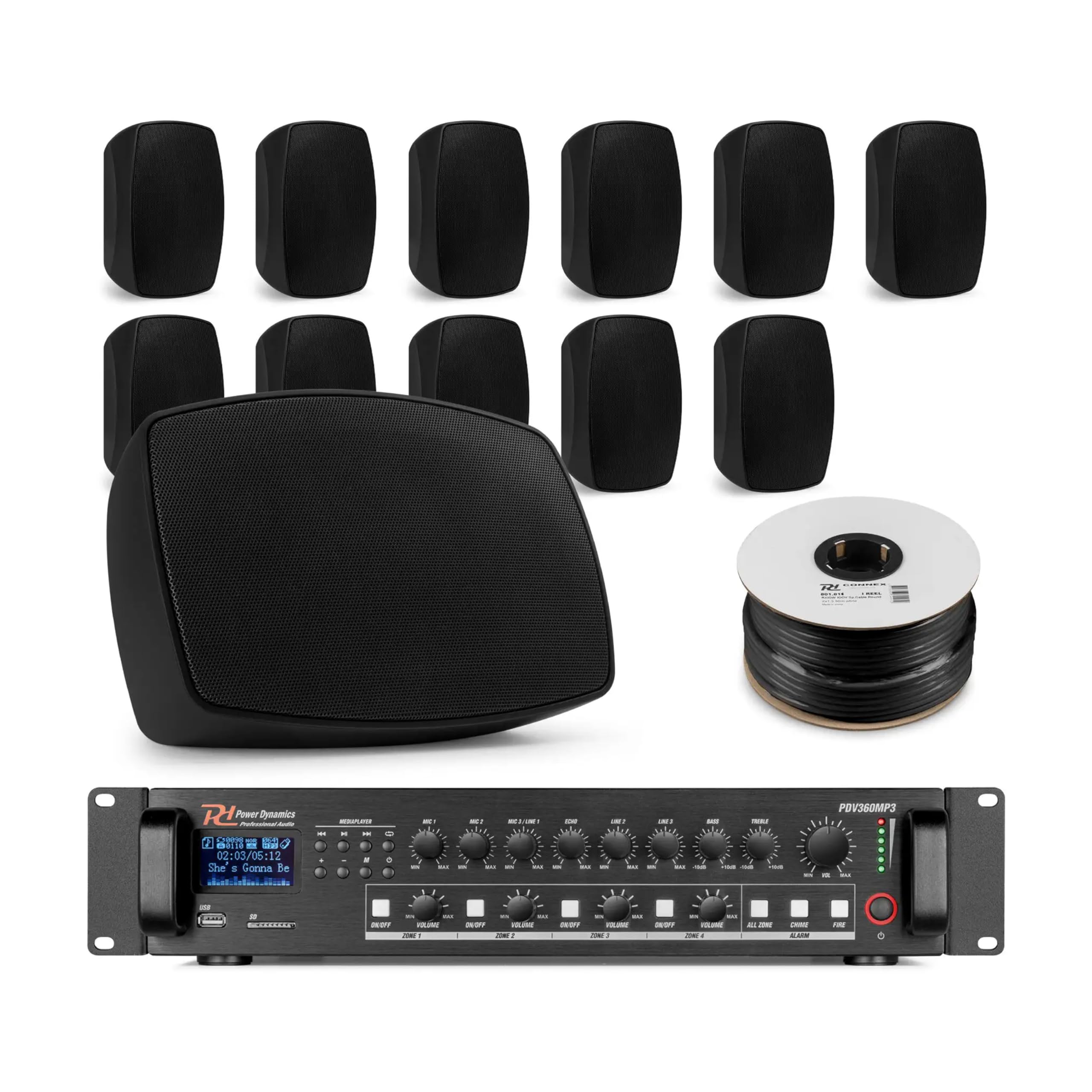 Power Dynamics BHW50BK + PDV360MP3 – Pack de 12 Altavoces Pared 5.25” 100V IPX5 con Amplificador 360W 4 Zonas Bluetooth USB SD FM y Cable 100m Sistema megafonia Profesional, Color Negro
