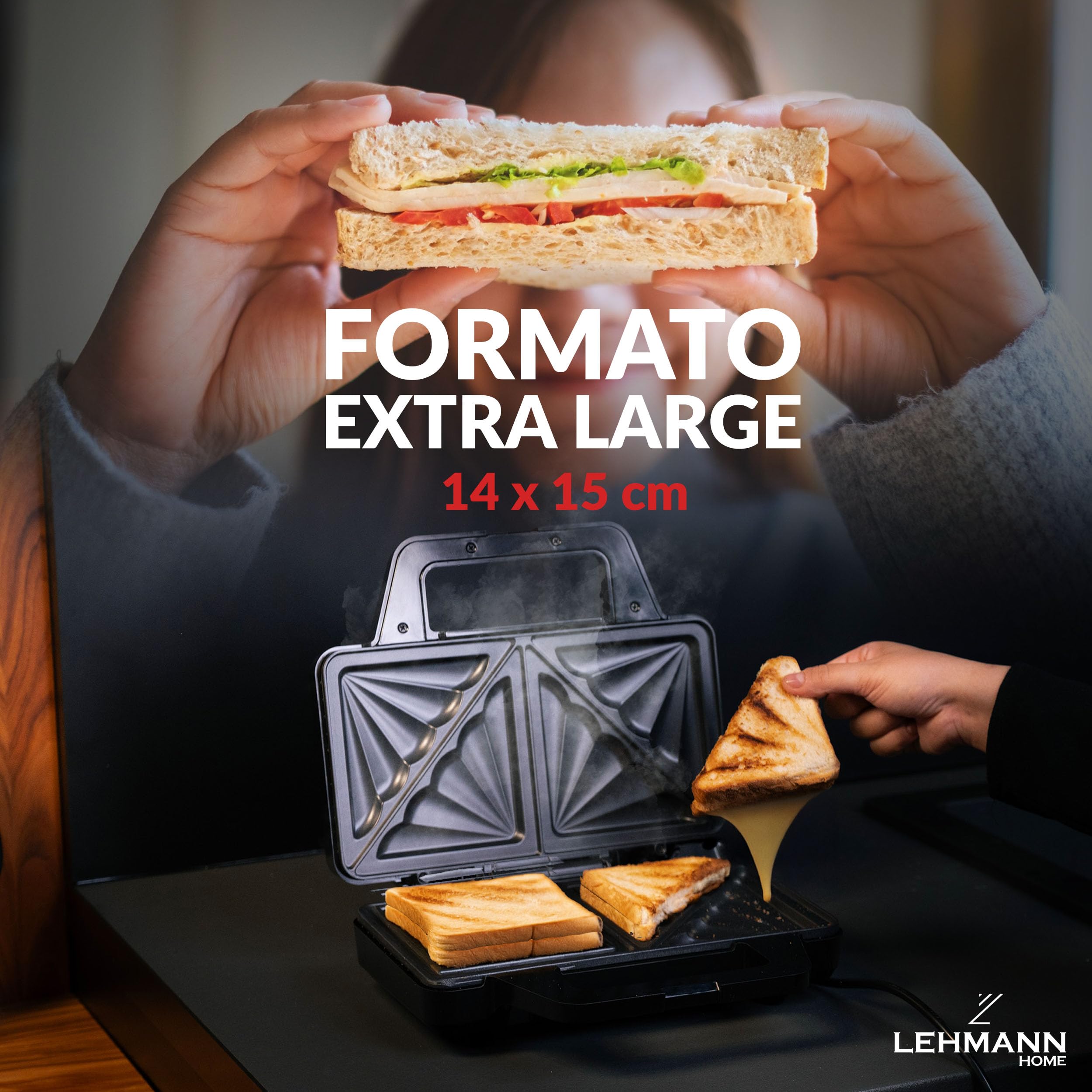 LEHMANN Sandwich Maker XXL – Piastre Extra Grandi – Tostiera Elettrica XXL per 2 Sandwich a Forma di Conchiglia – Antiaderente – Indicatore di Prontezza – Facile da Pulire – 1000W