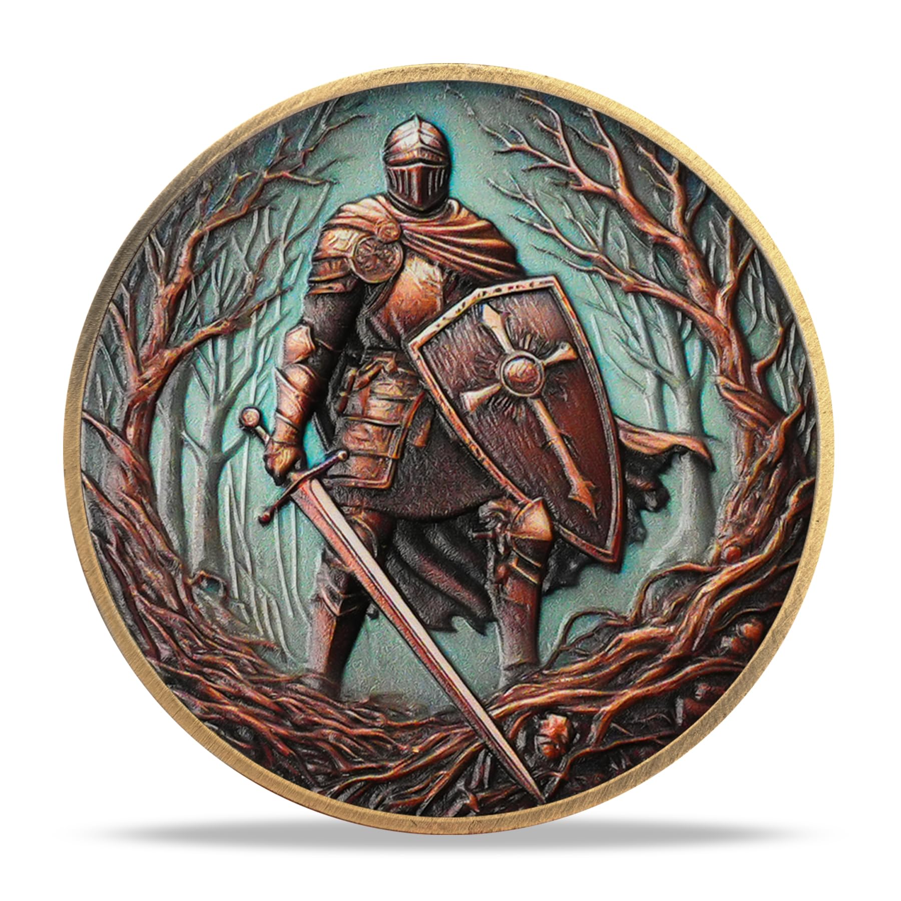 Moneda de desafío de cruz de caballero del bosque marchito | Valor caballeresco y medallón de escudo sagrado | Ficha histórica del caballero del bosque marchito | Regalos conmemorativos para