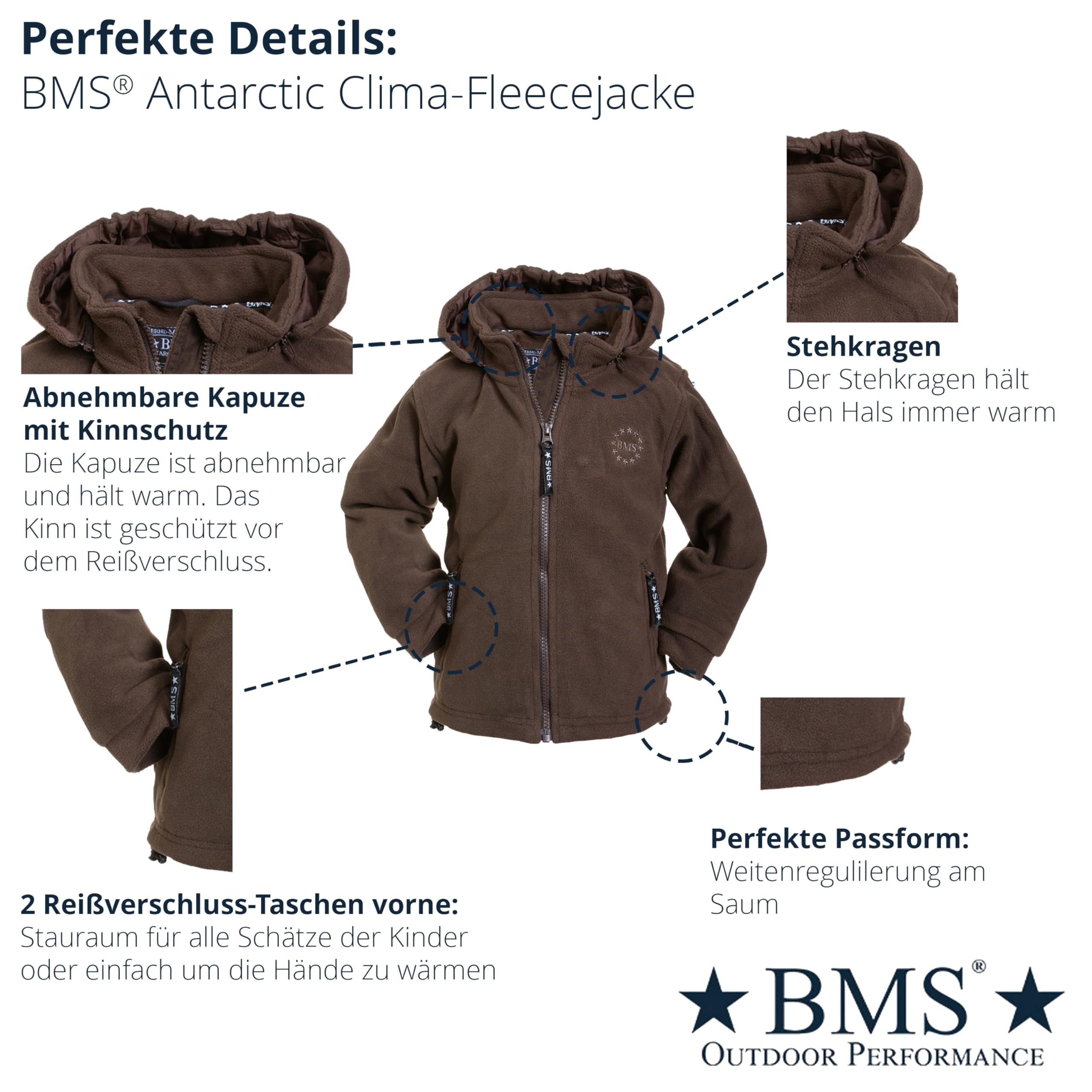 BMS Fleecejacke Kinder mit abnehmbarer Kapuze, Braun, Größe 80