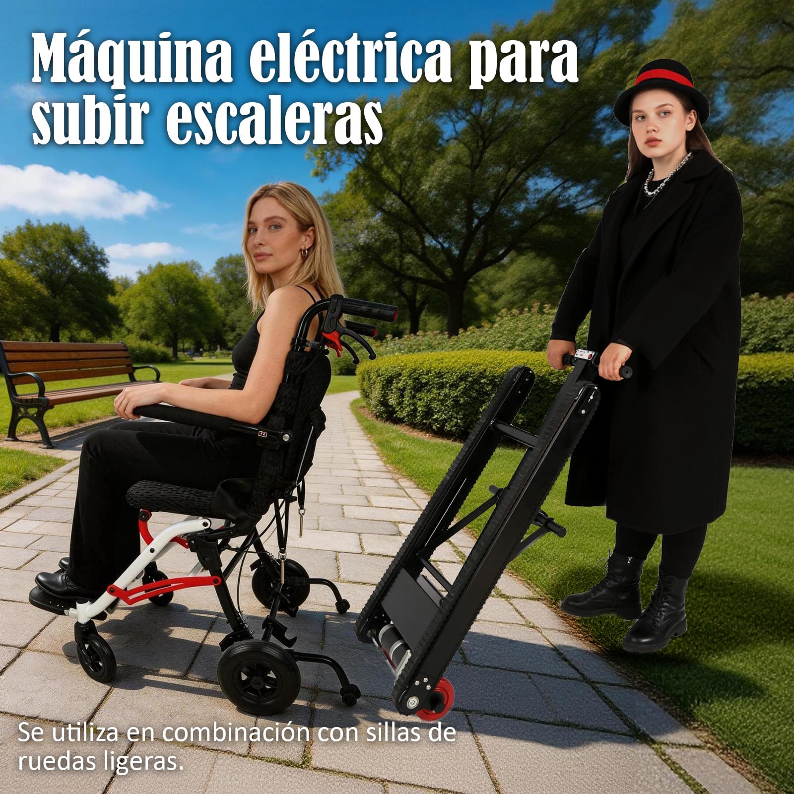 Silla de Ruedas para Subir Escaleras,Silla de Ruedas Eléctrica Plegable Ligera,Adecuada para Personas Mayores con Discapacidad, con Una Carga de 330 Libras,Ayudas Móviles y de Vida Diaria Negro y Rojo