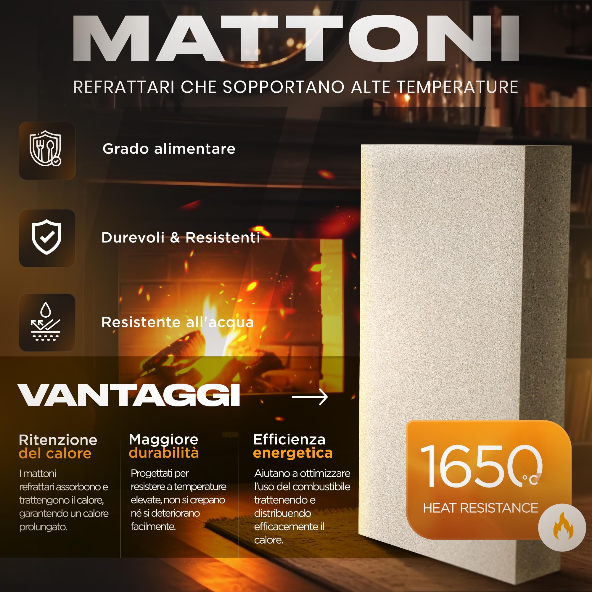 Pack 6 Mattoni Refrattari 22 x 11 x 3 cm | Realizzati in Argilla Refrattaria | Mattoni Refrattari per Forno a Legna Perfetti per Camini, Forni e Barbecue
