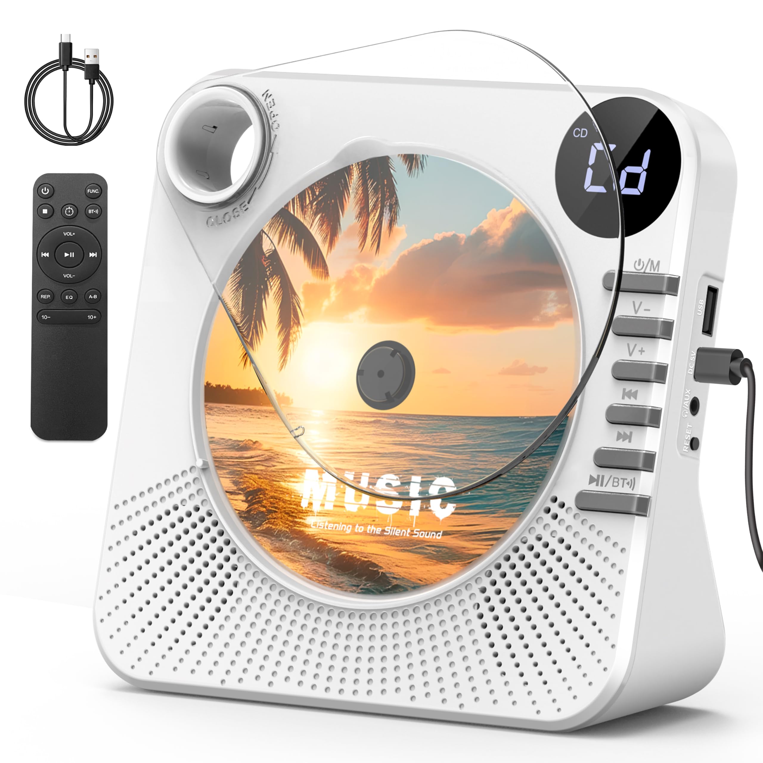 Lecteur CD Portable Greadio avec Bluetooth 5.1, lecteurs CD pour la Maison, Lecteur CD avec Haut-parleurs, télécommande, Housse de Protection, écran LED, Son Hi-FI, Lecture Via AUX/USB (Blanc)