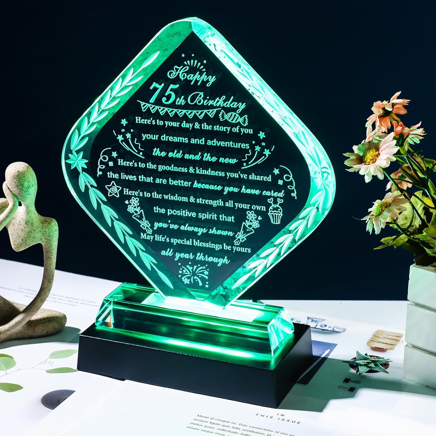 YWHL 75th Birthday Gifts for Men Women with Light Base Crystal Happy 75th Birthday Plaque Decorations Best Gift Ideas for 75 Year Old Mom Dad Wife Husband Born in 1950 - Image 3