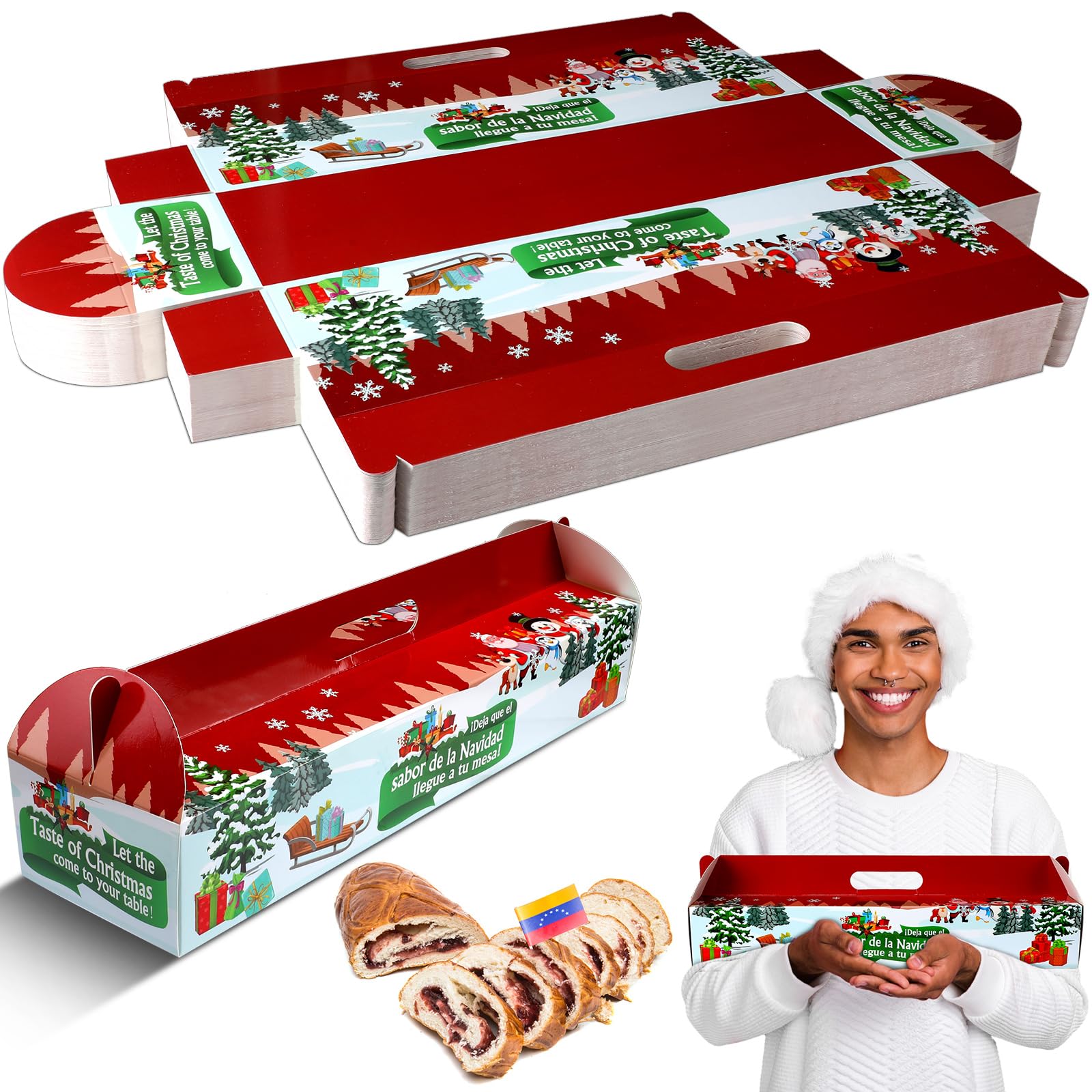 Cholemy 25 Pcs Christmas Ham Bread Boxes Containers 18" x 4.75" x 3" Paperboard Baking Bakery Box Bags for Homemade Bread Holiday Packaging Gift Giving with Handle (Non Window)