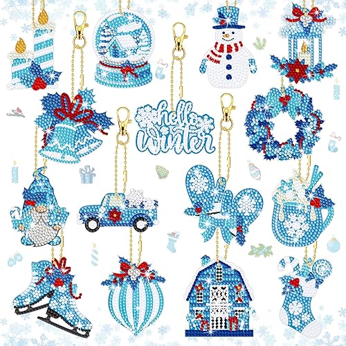 BBTO 15 piezas de llavero de pintura de diamante de Navidad adornos de arte de diamantes de invierno muñeco de nieve, guantes de invierno,