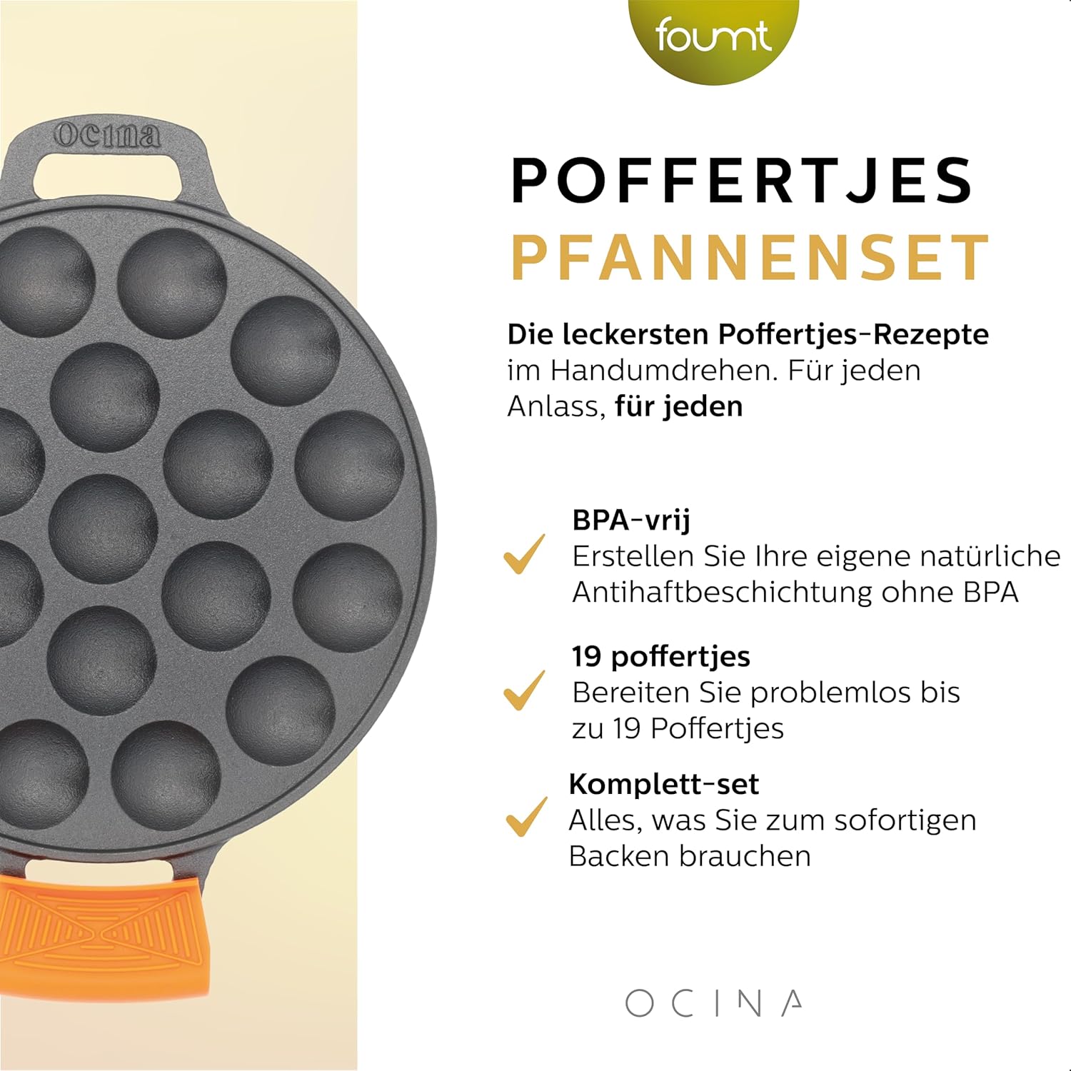 Ocina Cast Iron Poffertjes Pan Combo Pack with pan, recipe book, accessories, and cooked poffertjes.