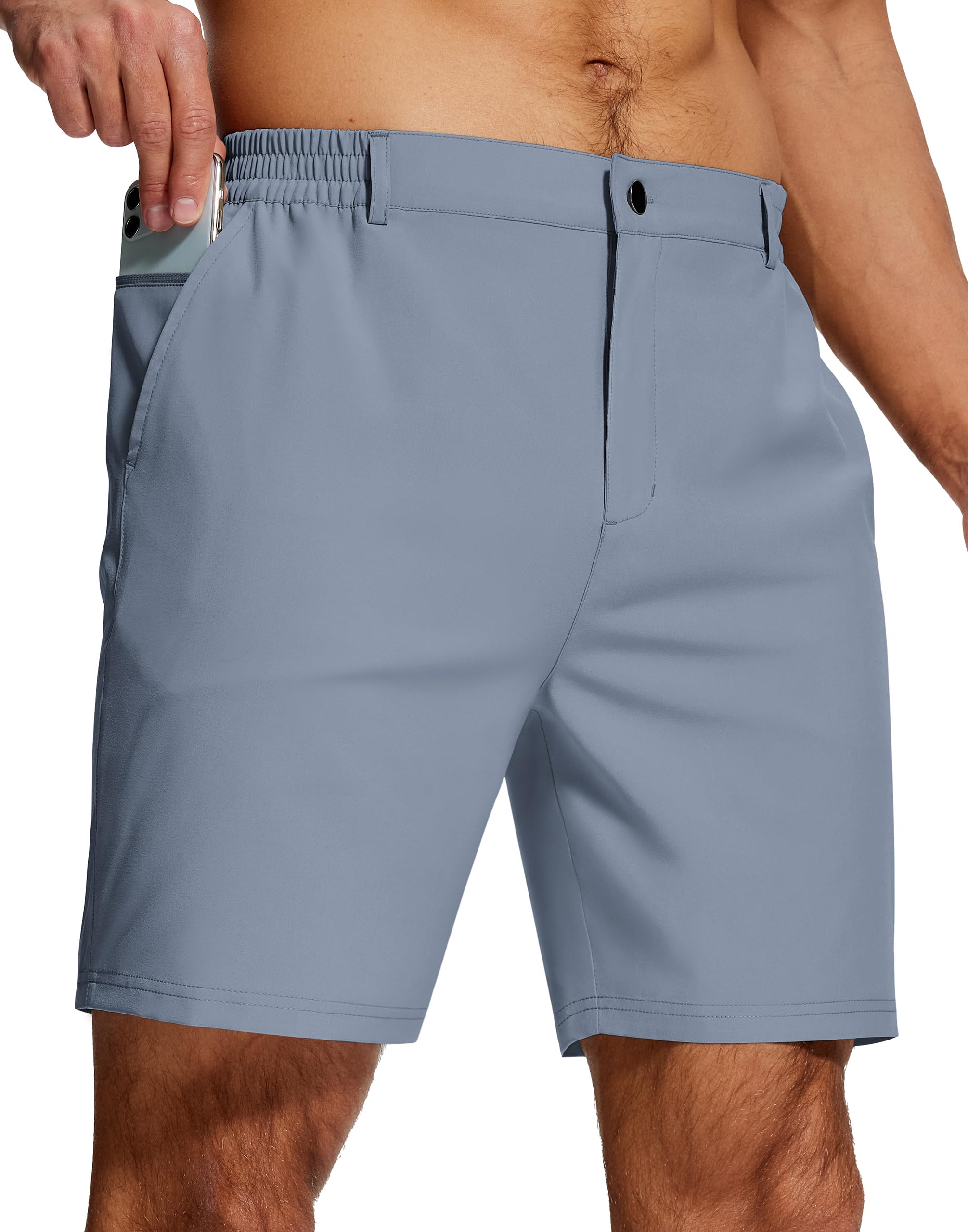 UPGET Mens Casual Dress Shorts 7 Inch Lightweight Stretch Quick Dry Elastic Waist for Golf Travel Work with 3 Pockets