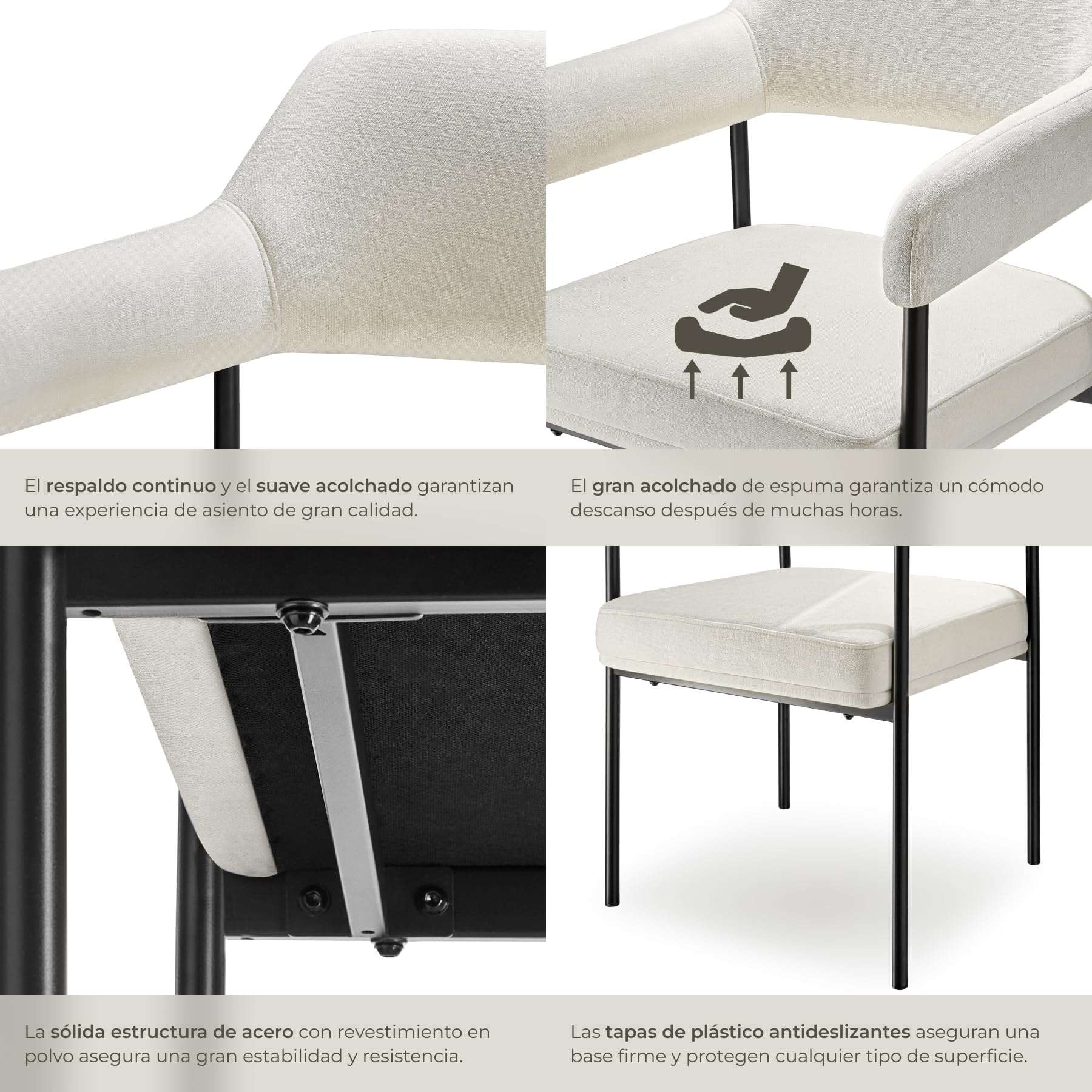 tectake® Silla de Comedor Acolchada, Tapizada en Tela, con Respaldo Continuo y Reposabrazos, Patas de Acero Estables, Silla para Cocina, Salón, Dormitorio - 2 sillas Tejido Blanco Roto/Negro