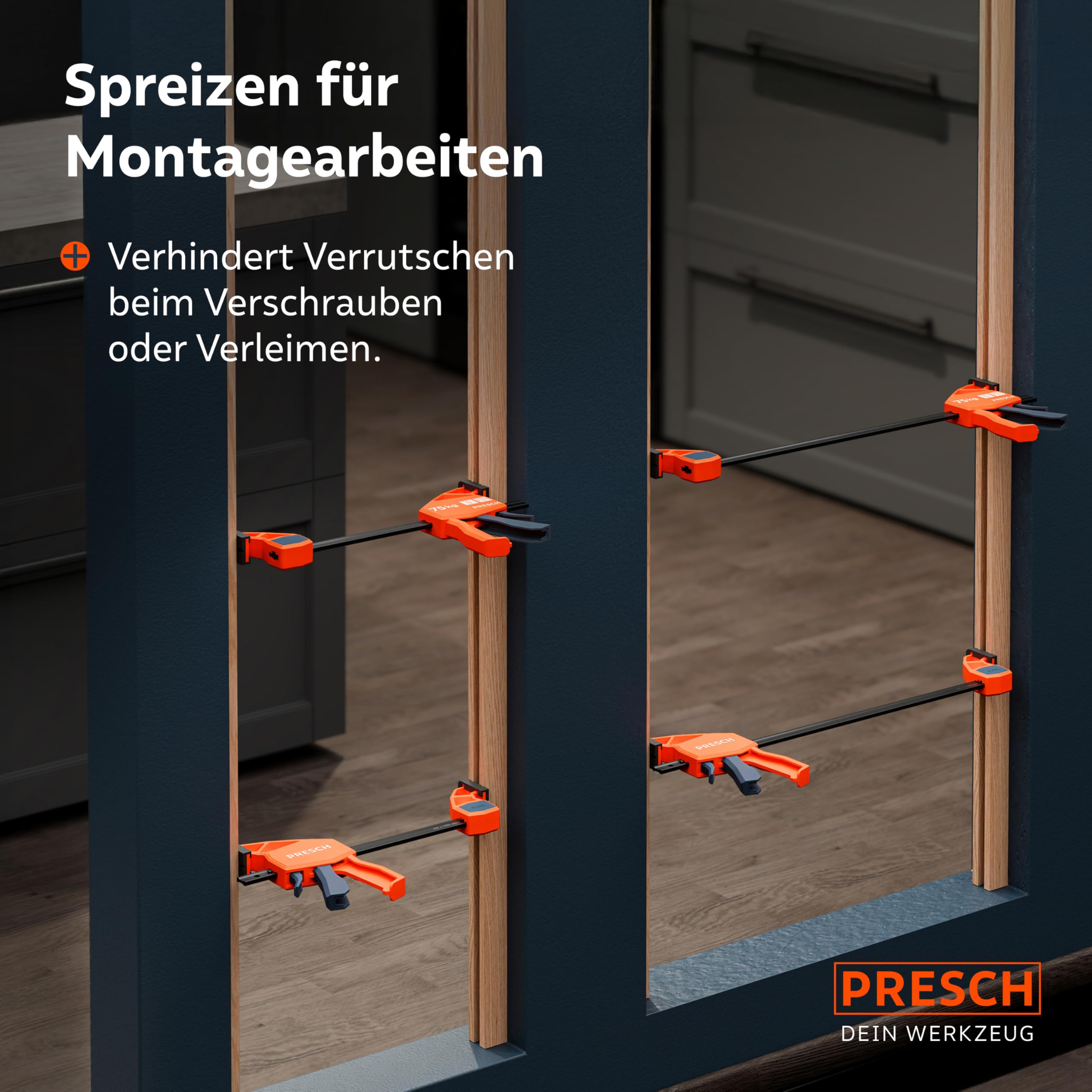 PRESCH Einhandzwingen 150mm & 300mm 4 Stk. – Zwingen Set mit 75kg Spannkraft für sofortiges Fixieren – Robuste Schnellspannzwingen dank Carbonstahl & glasfaserverstärktem Gehäuse – Mit Spreizfunktion