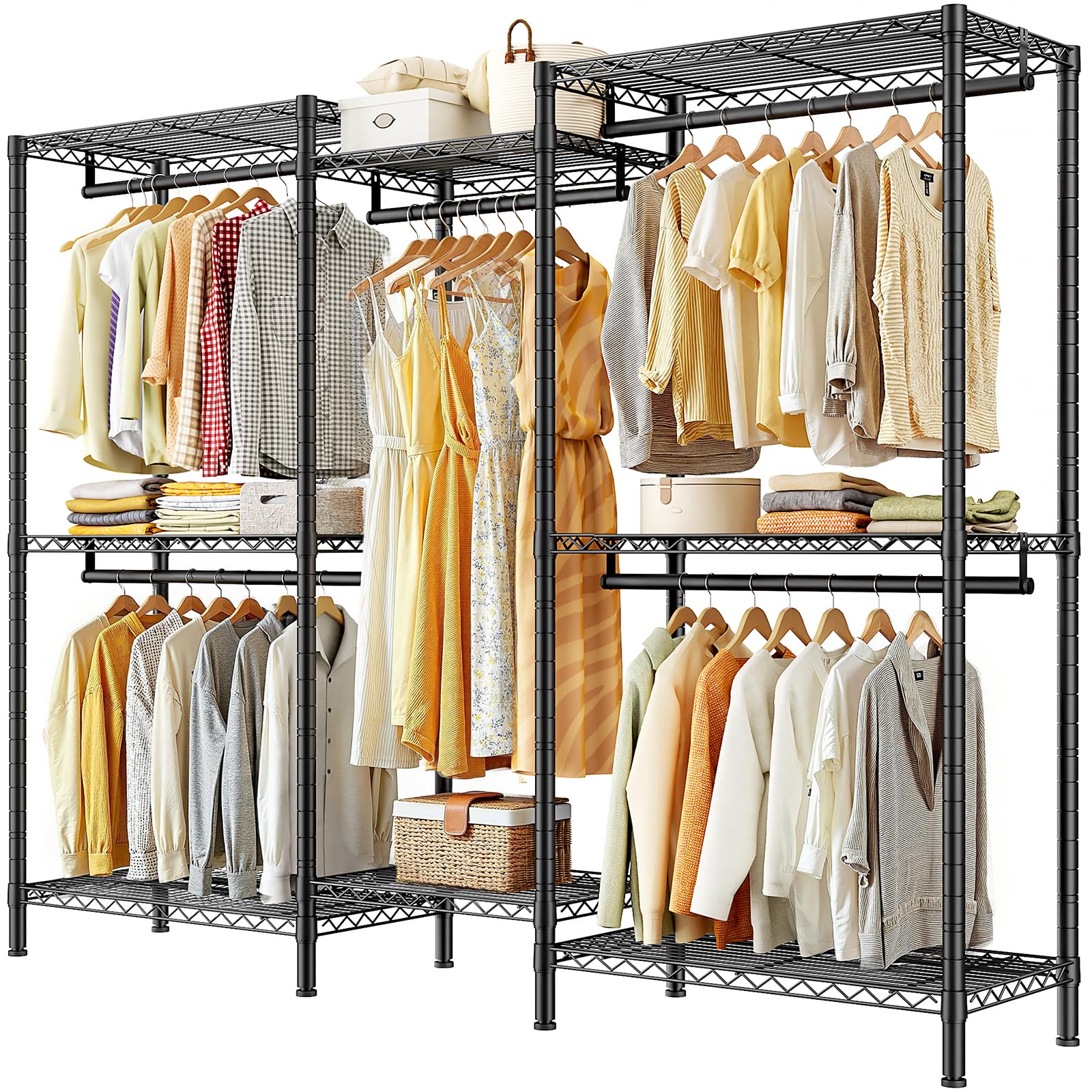 REIBII Clothes Rail Heavy Duty, Metal Clothes Rack with Shelves and Hanging Rails for Garments, Portable Open Wardrobe for Bedroom Walk-in Closet Garage, 195H x 190W x 45D cm, Black (Black)