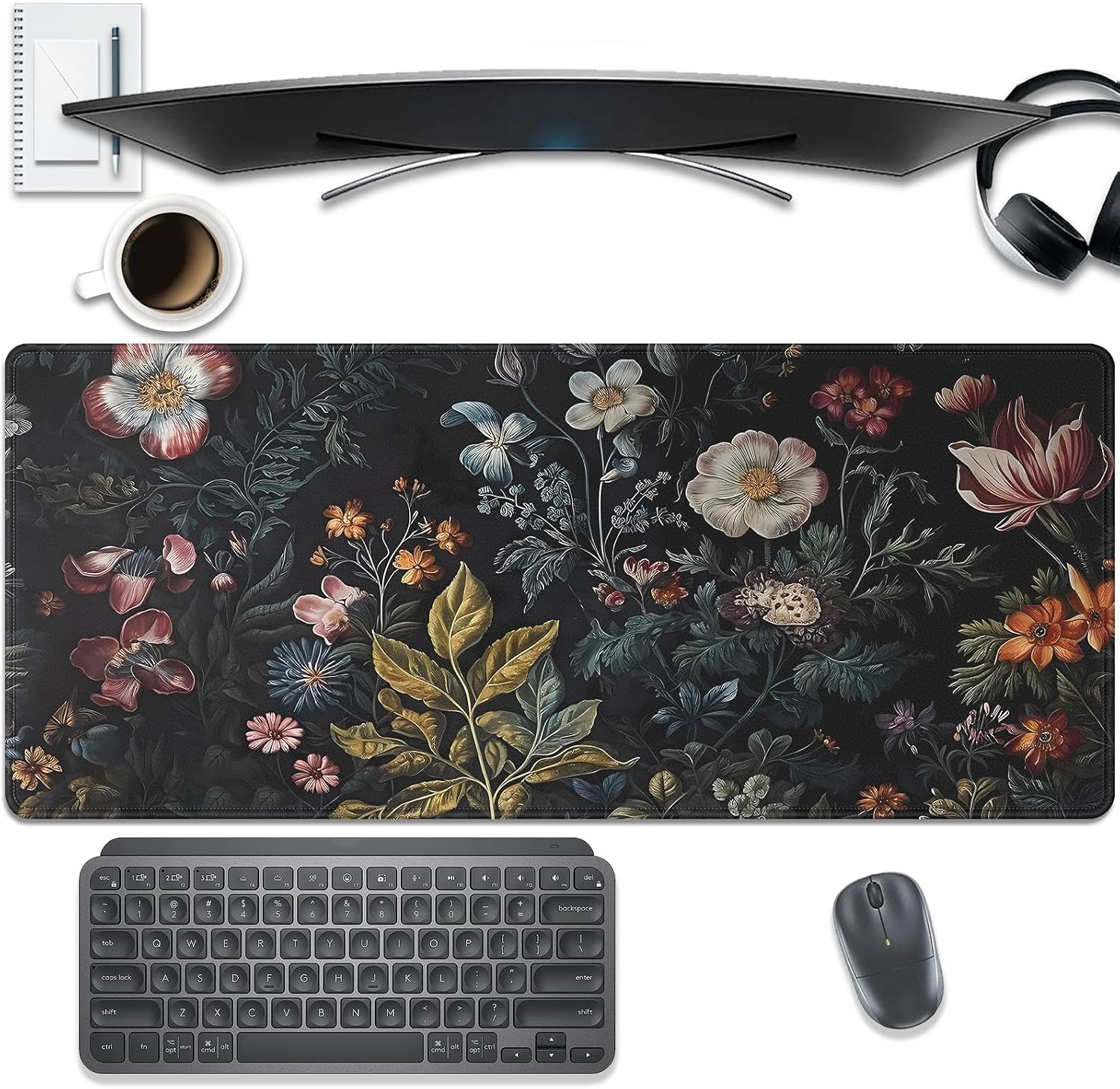 Dark Floral Large Mouse Pad Desk Mat, 27.5x11.8in Vintage Botanical Desk Pad Keyboard Mousepad with Stitched Edges, Non-Slip Waterproof Rubber Base for Office, Computer & Laptop