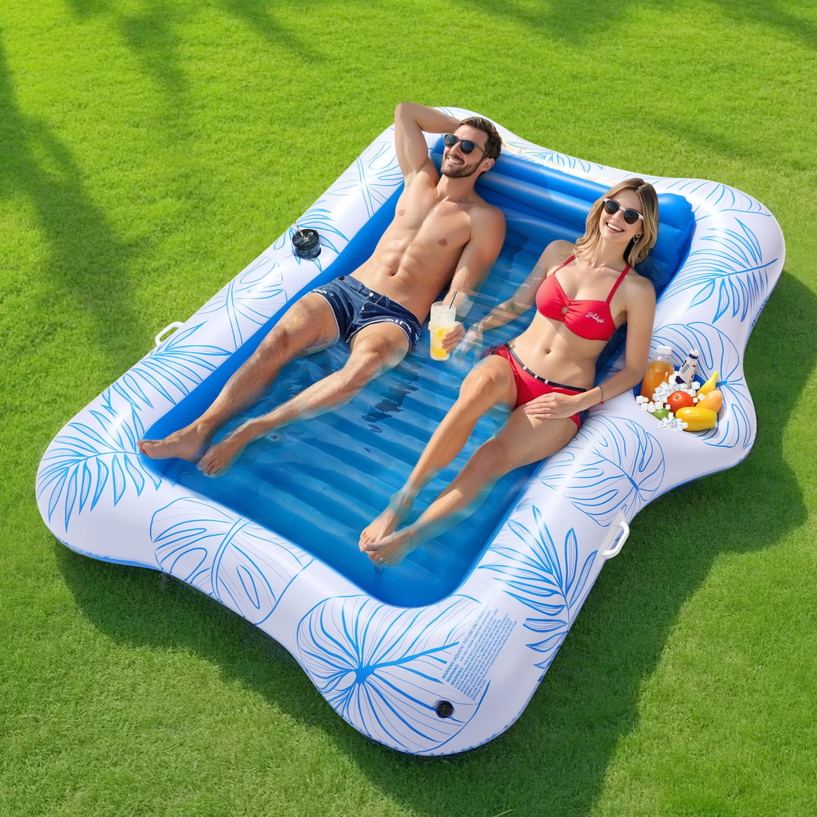MoKo Pool Floats Adult, 84" x 58" Large Floating Bed with Ice Bar, Tanning Chair Inflatable Lounger with Drink Holder Pool Raft Tanning Bed Inflatable Pool Toys for Party Beach Backyard, Blue Leaf โ image 1