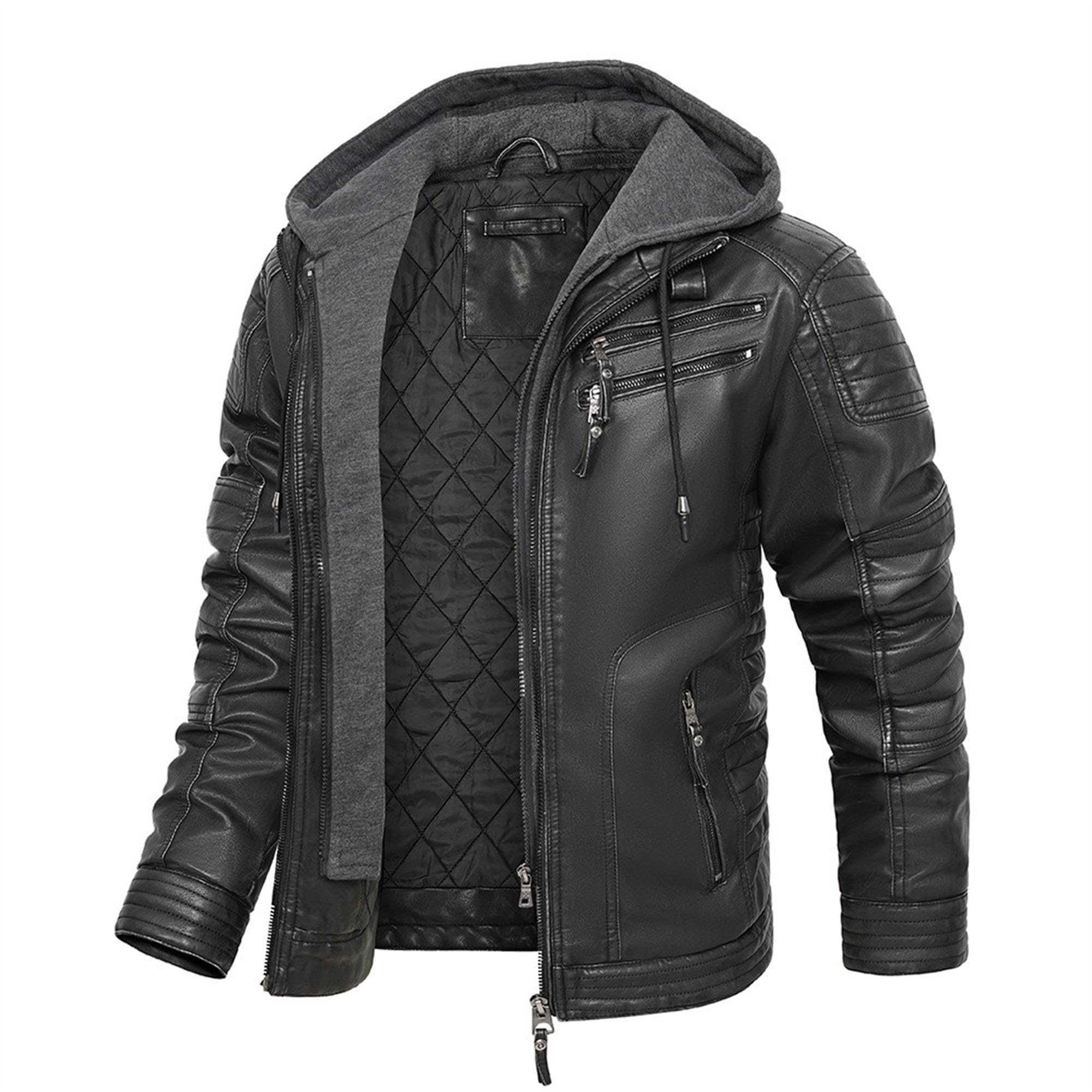 Chaqueta de motociclista retro de piel sintética para hombre, con cuello alto, cremallera y capucha extraíble, ropa abrigo informal