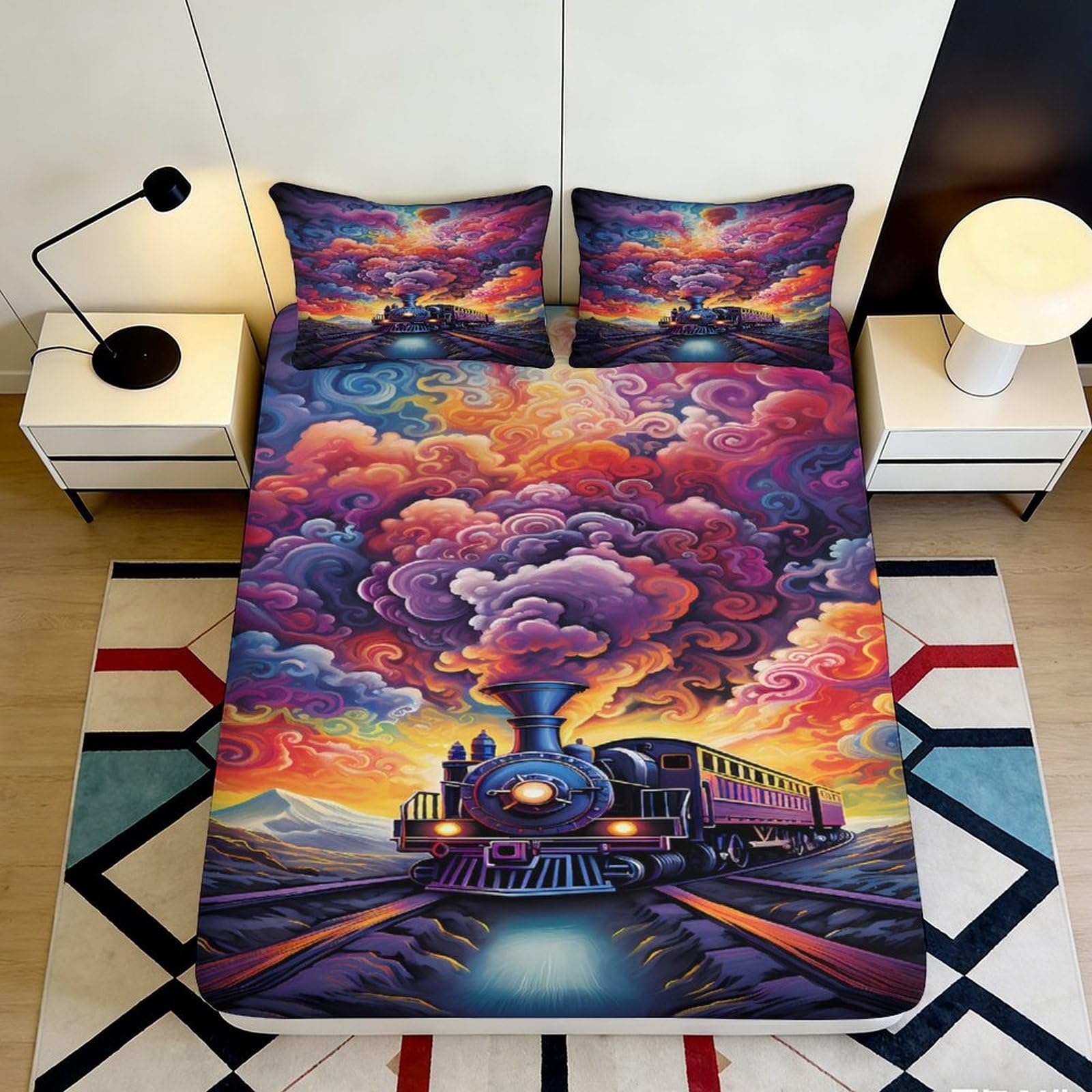 Pnayamiorkfel Style-5 3D Printed Vibrant Steam Train Fitted Sheet Microfiber Colourful Cloud Mattress Cover For Bedroom Guest Room Dorm Decor 90X200x25cm