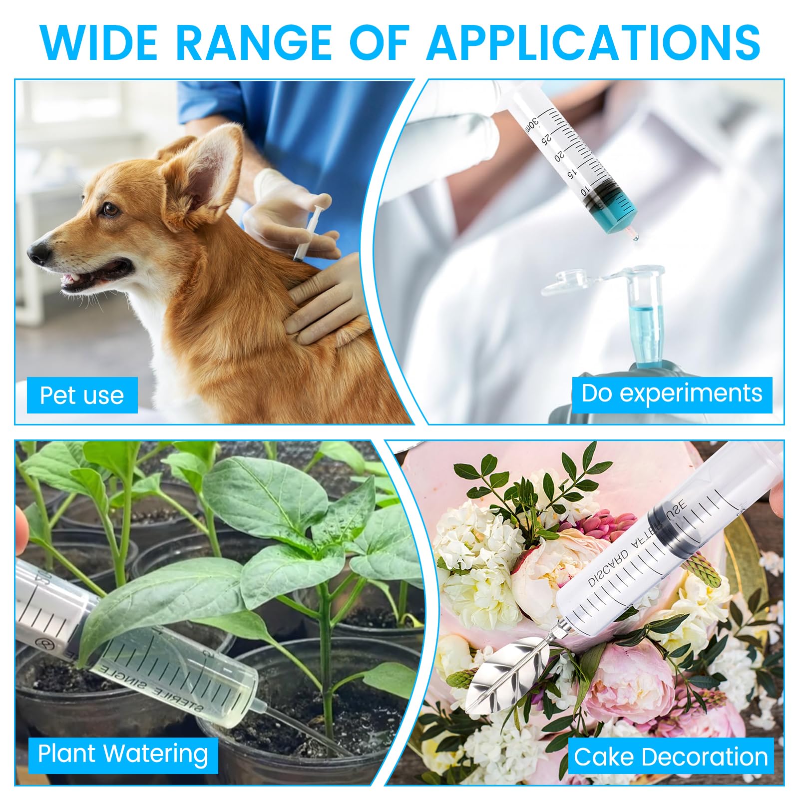Zestaw 6 Strzykawek Wielokrotnego Użytku, 1 ml, 5 ml, 10 ml, 20 ml, 30 ml, 60 ml z Wężem, Do Laboratoriów, Karmienia Zwierząt i Nawadniania Roślin