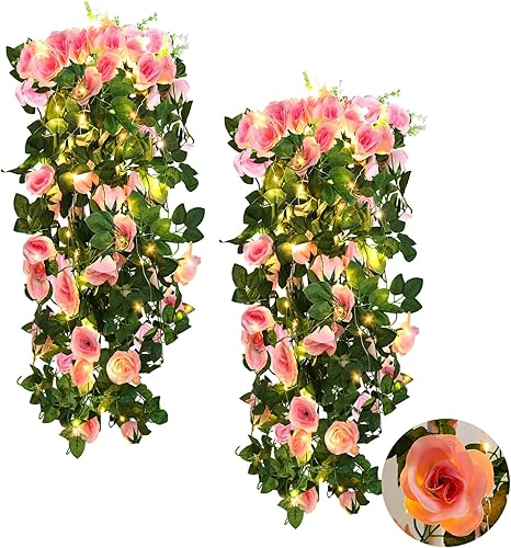 RECUTMS Flores colgantes artificiales para colgar, 2 unidades, 3.3 pies, flores colgantes artificiales para exteriores con 30 luces LED de hadas