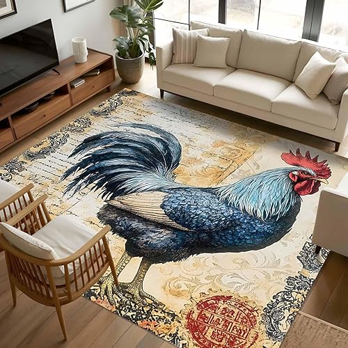 Miniatura 12 de 4x6 Area Rugs, Blue Retro Rooster Non-Skid Rubber Backing Large Rectangle Rugs - Living Room Bedroom Home Office, Pastoral Elegant Animals